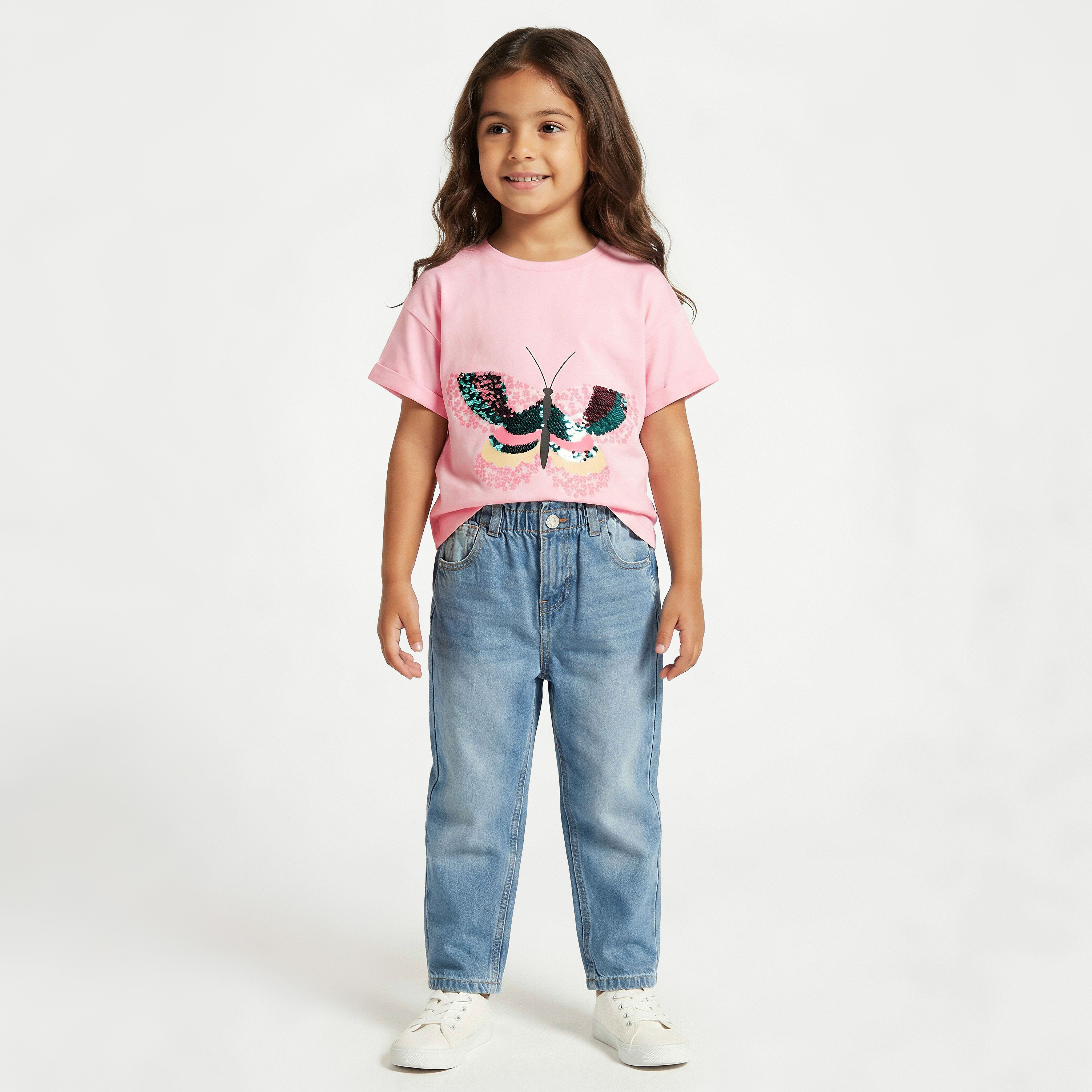 Juniors Round Neck Short Sleeves T-shirt with Butterfly Sequin Detail-girls-clothing-tshirts-image-2