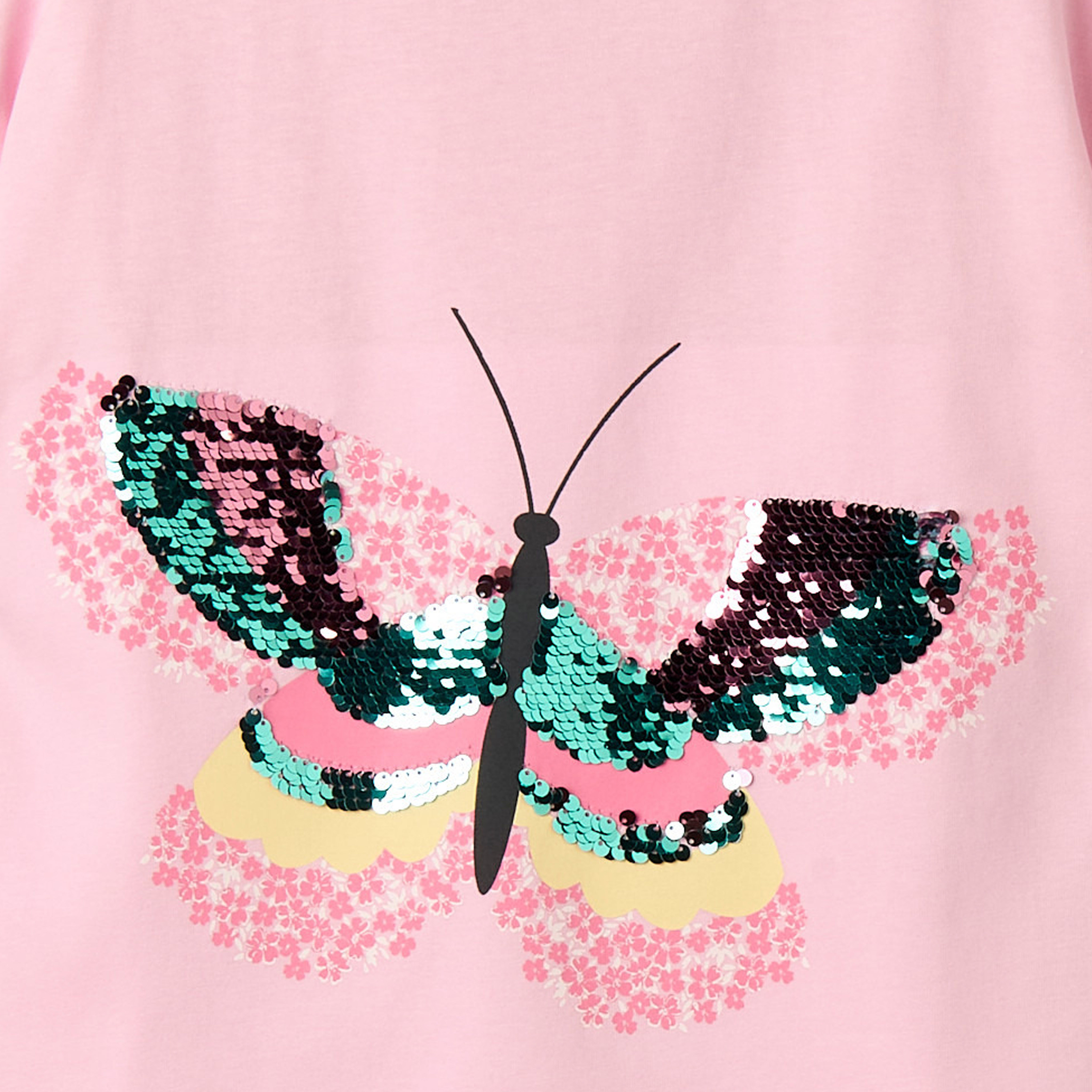 Juniors Round Neck Short Sleeves T-shirt with Butterfly Sequin Detail-girls-clothing-tshirts-image-4
