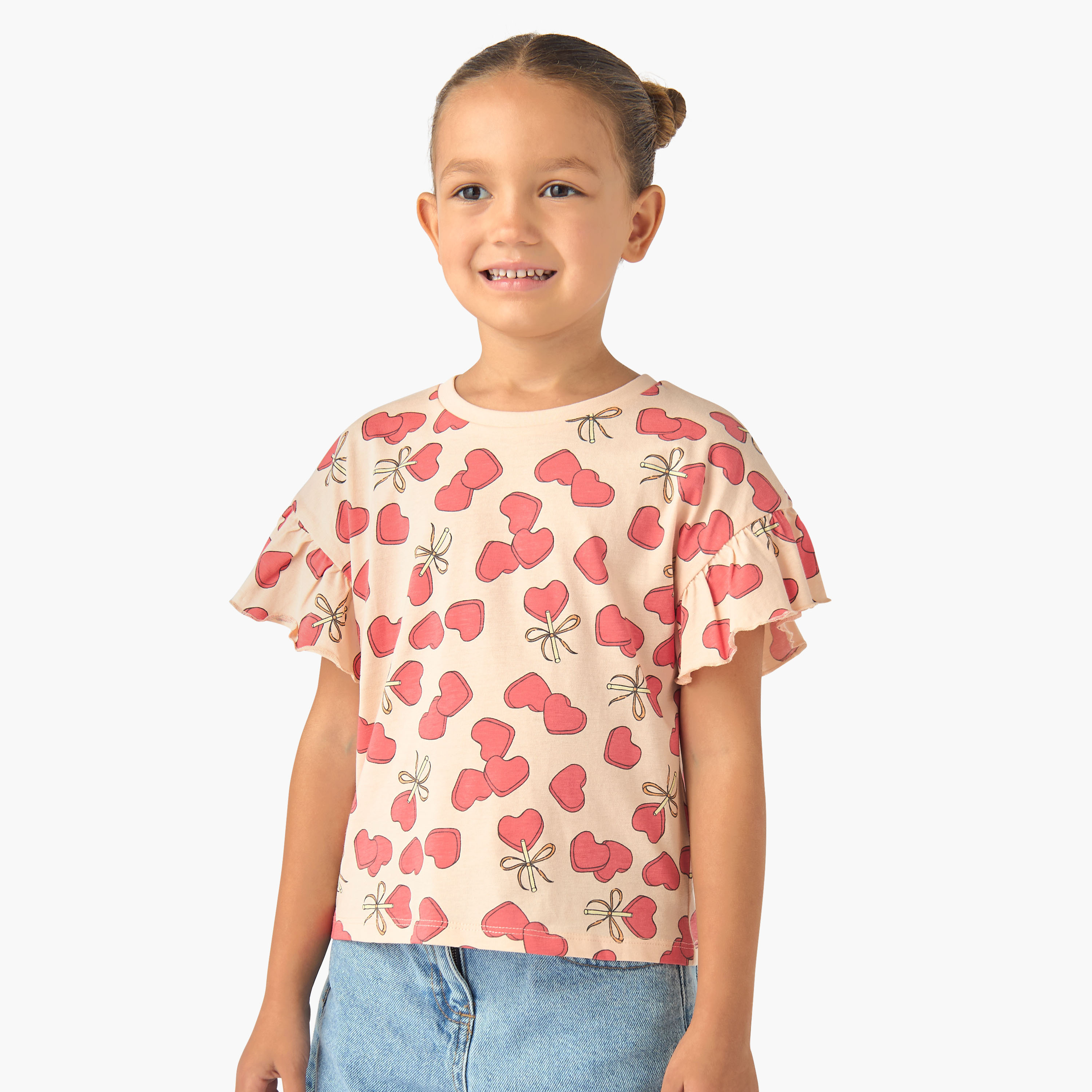 Juniors Crew Neck Short Ruffle Sleeves T-shirt with Print-girls-clothing-tshirts-image-1