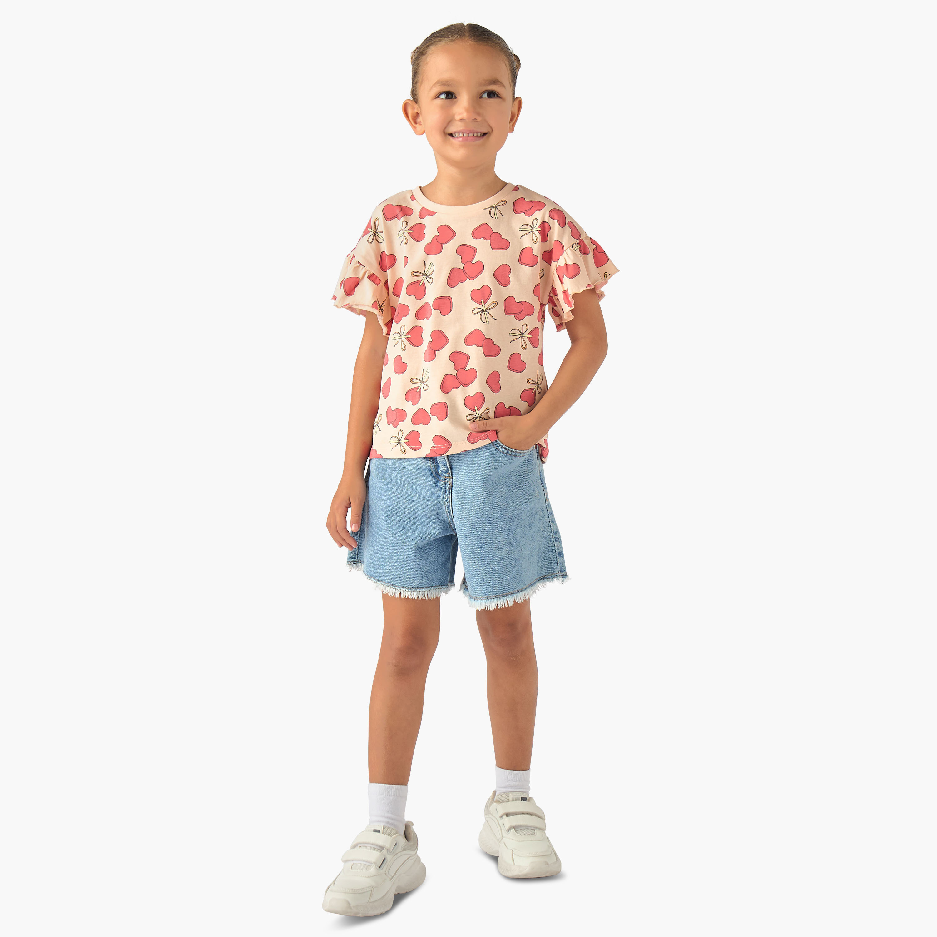 Juniors Crew Neck Short Ruffle Sleeves T-shirt with Print-girls-clothing-tshirts-image-2