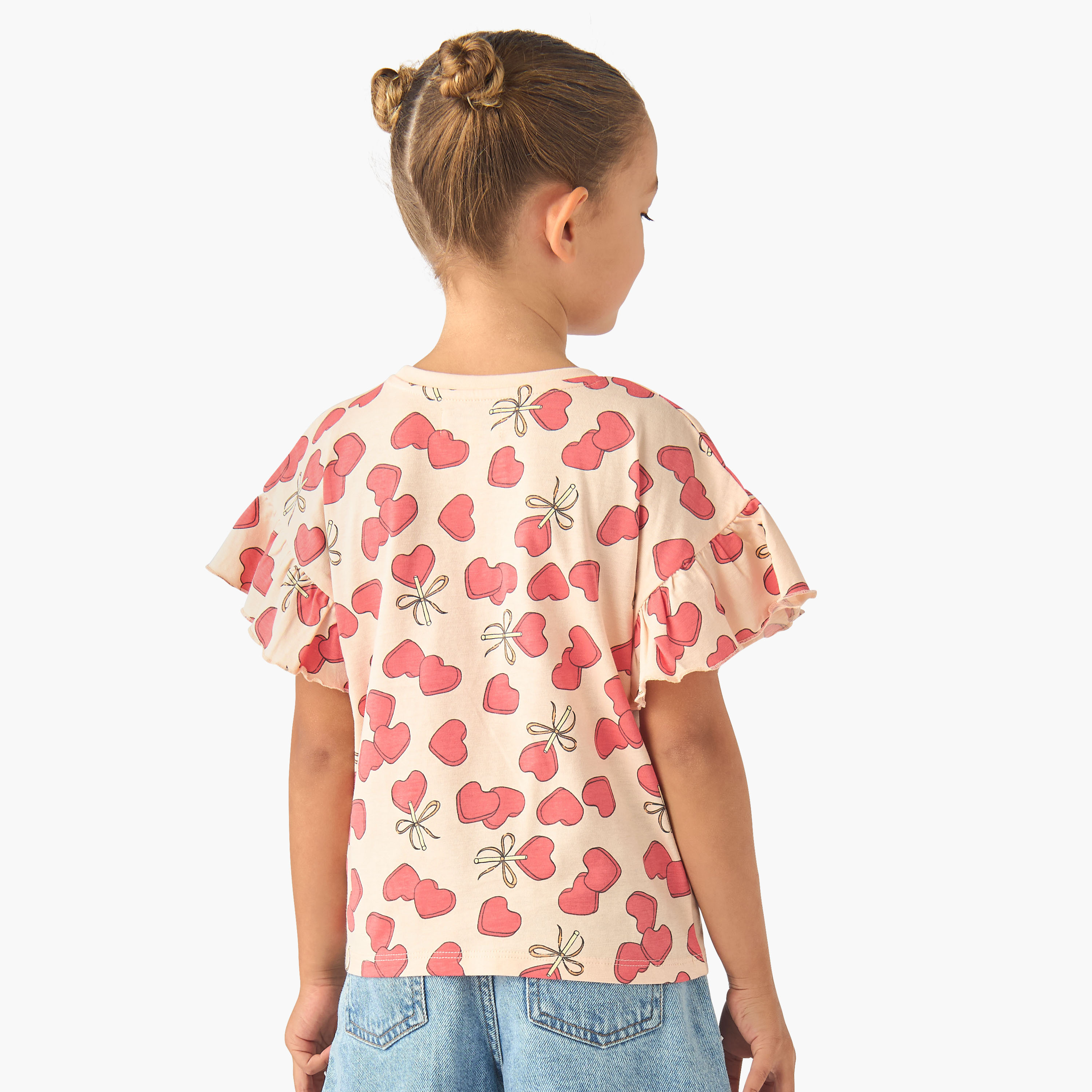 Juniors Crew Neck Short Ruffle Sleeves T-shirt with Print-girls-clothing-tshirts-image-3