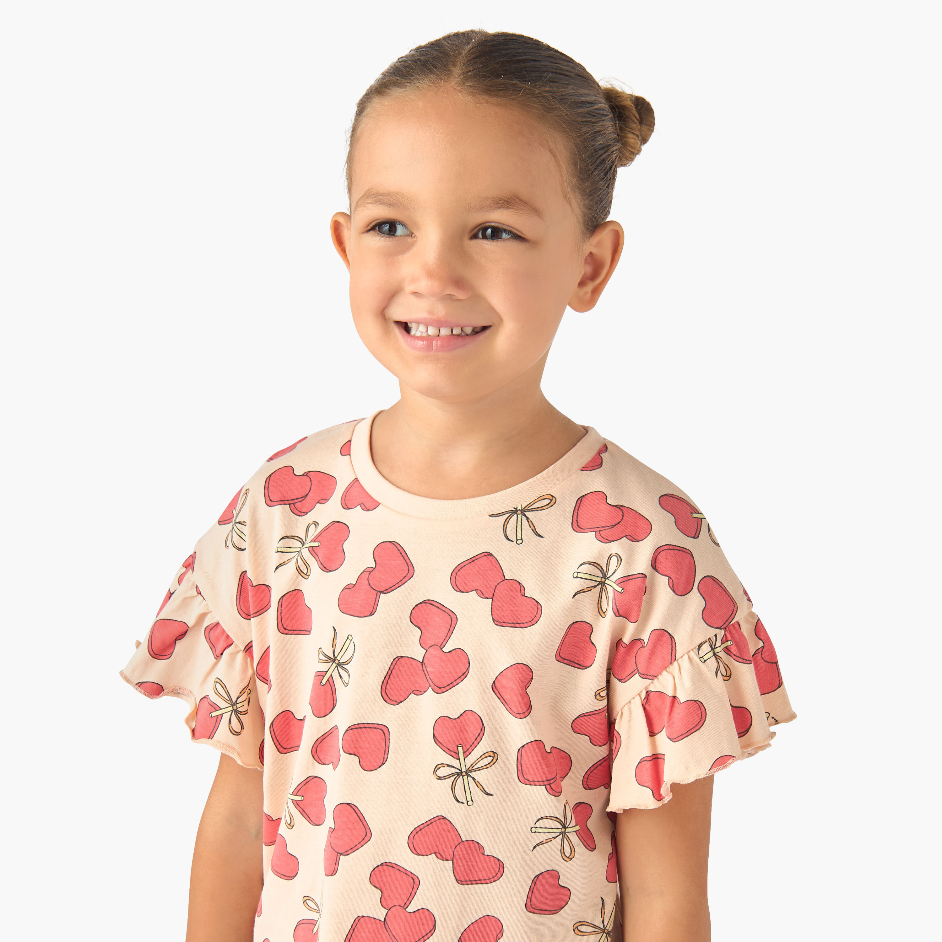 Juniors Crew Neck Short Ruffle Sleeves T-shirt with Print-girls-clothing-tshirts-image-4