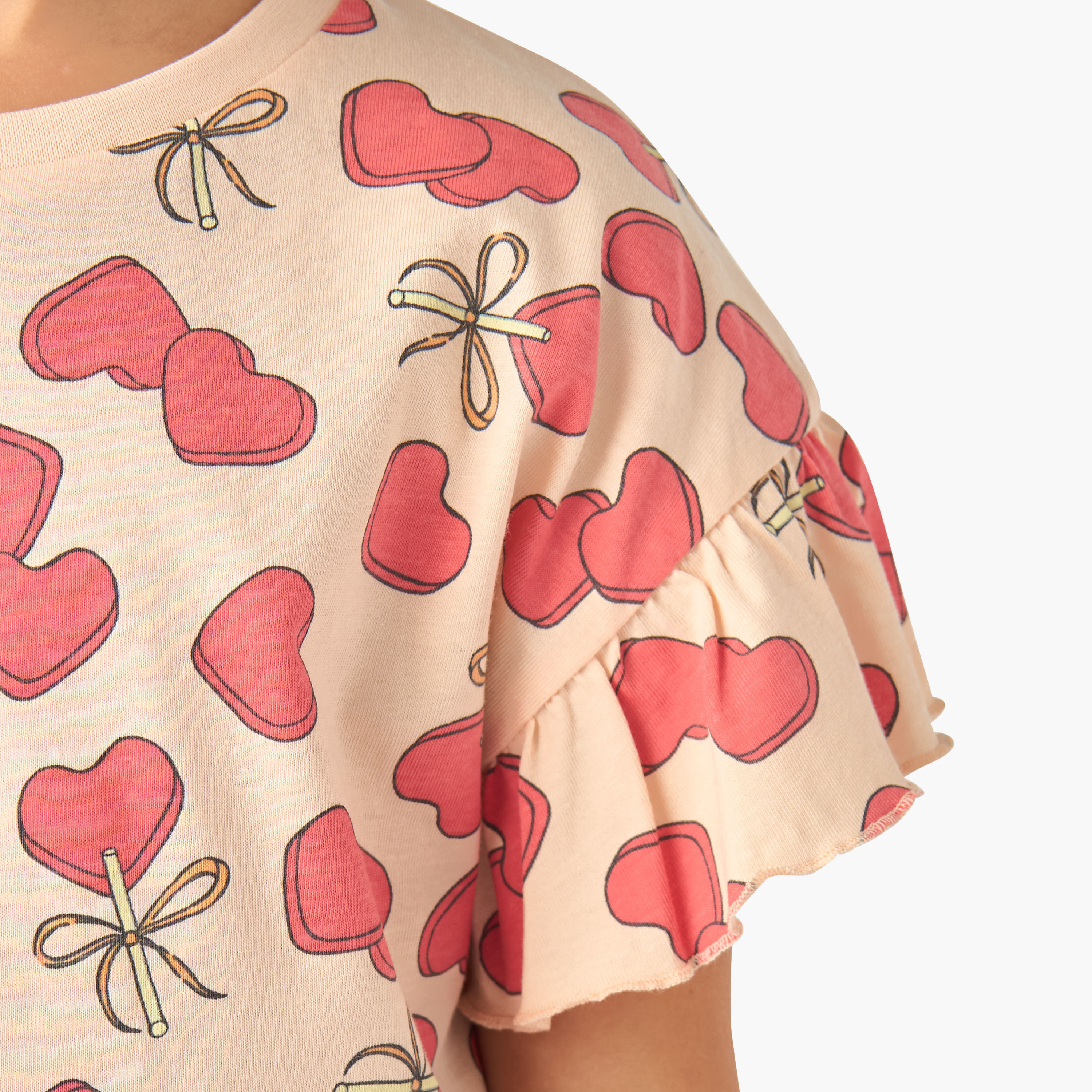 Juniors Crew Neck Short Ruffle Sleeves T-shirt with Print-girls-clothing-tshirts-image-5