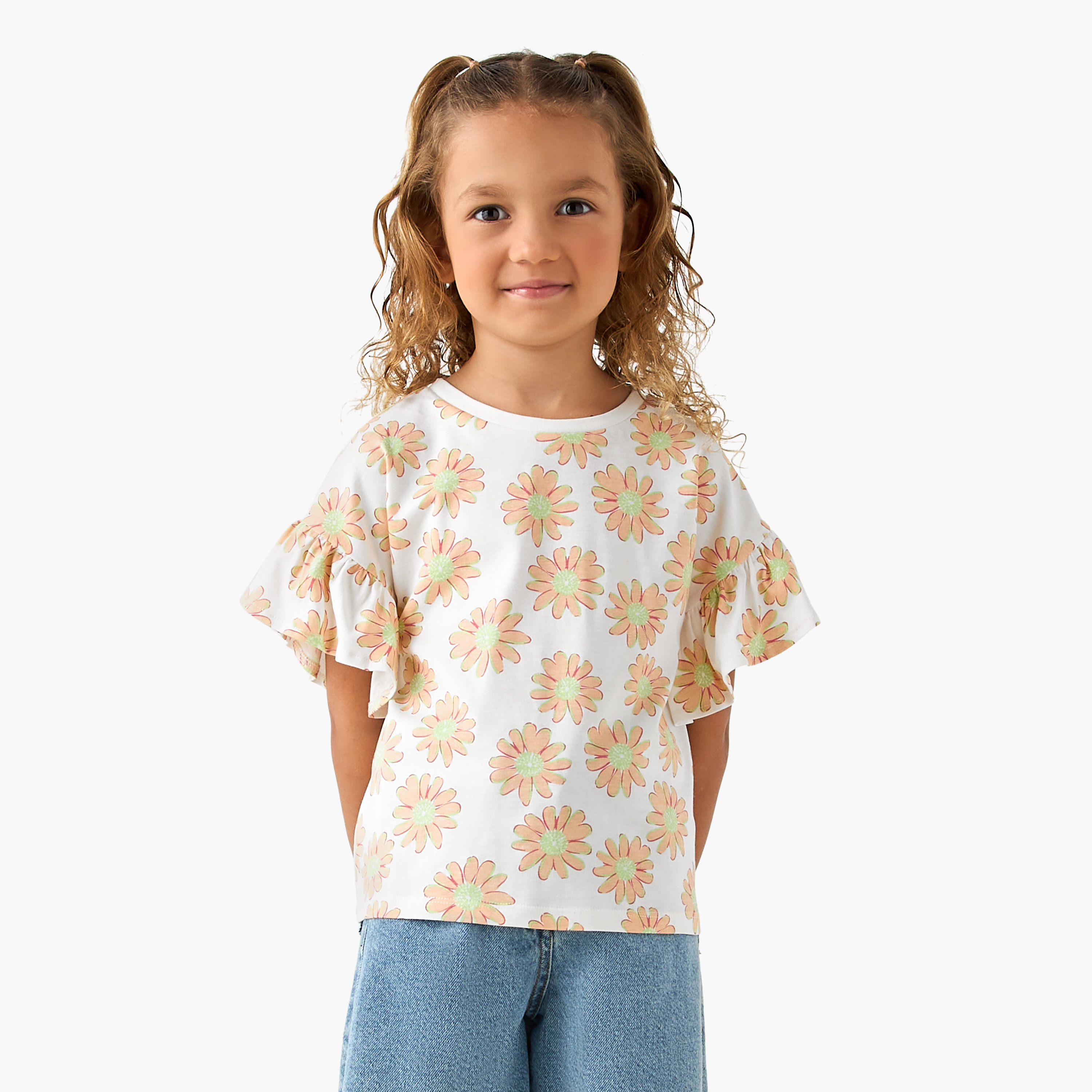 Juniors Crew Neck Short Sleeves T-shirt with Floral Print-girls-clothing-tshirts-image-1