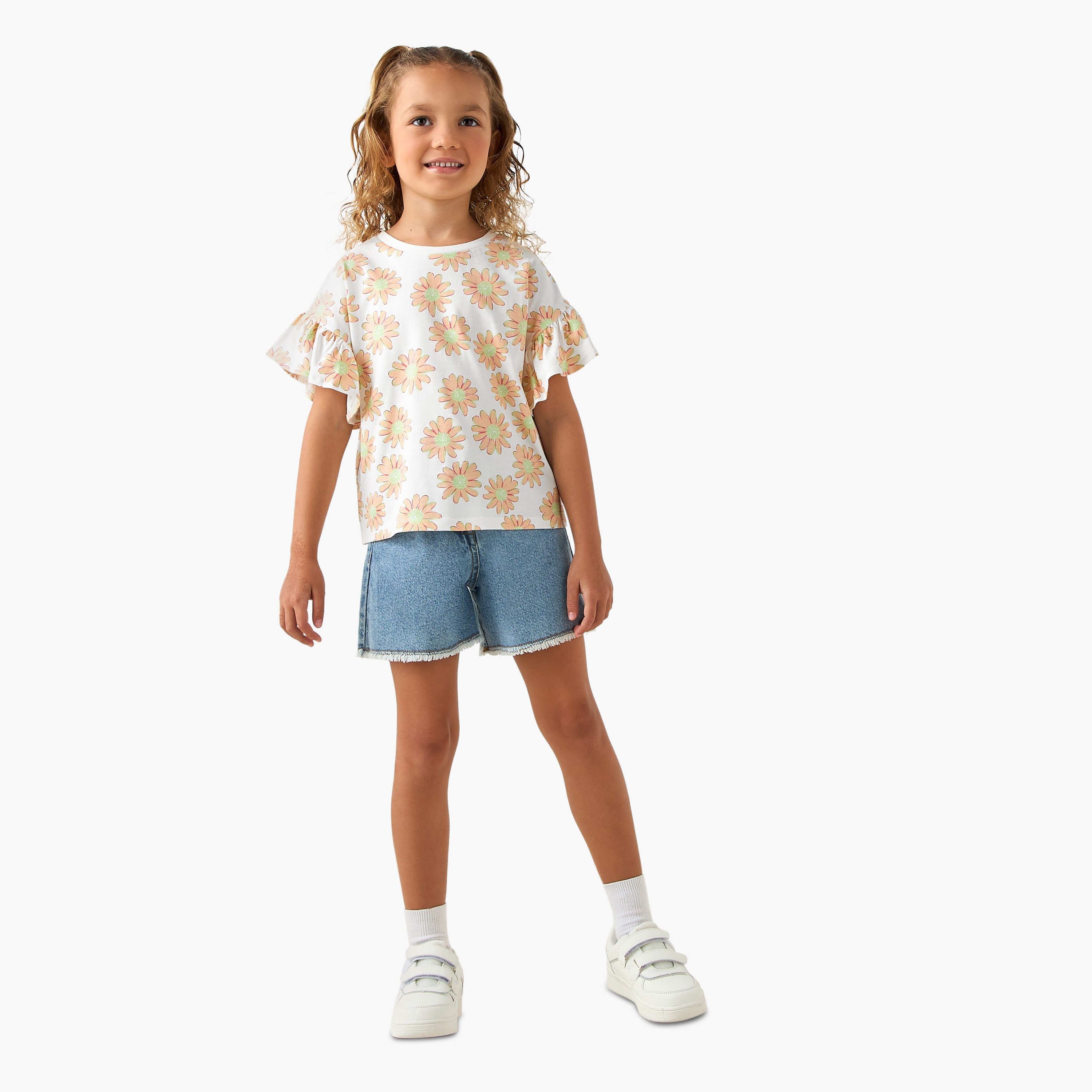 Juniors Crew Neck Short Sleeves T-shirt with Floral Print-girls-clothing-tshirts-image-2