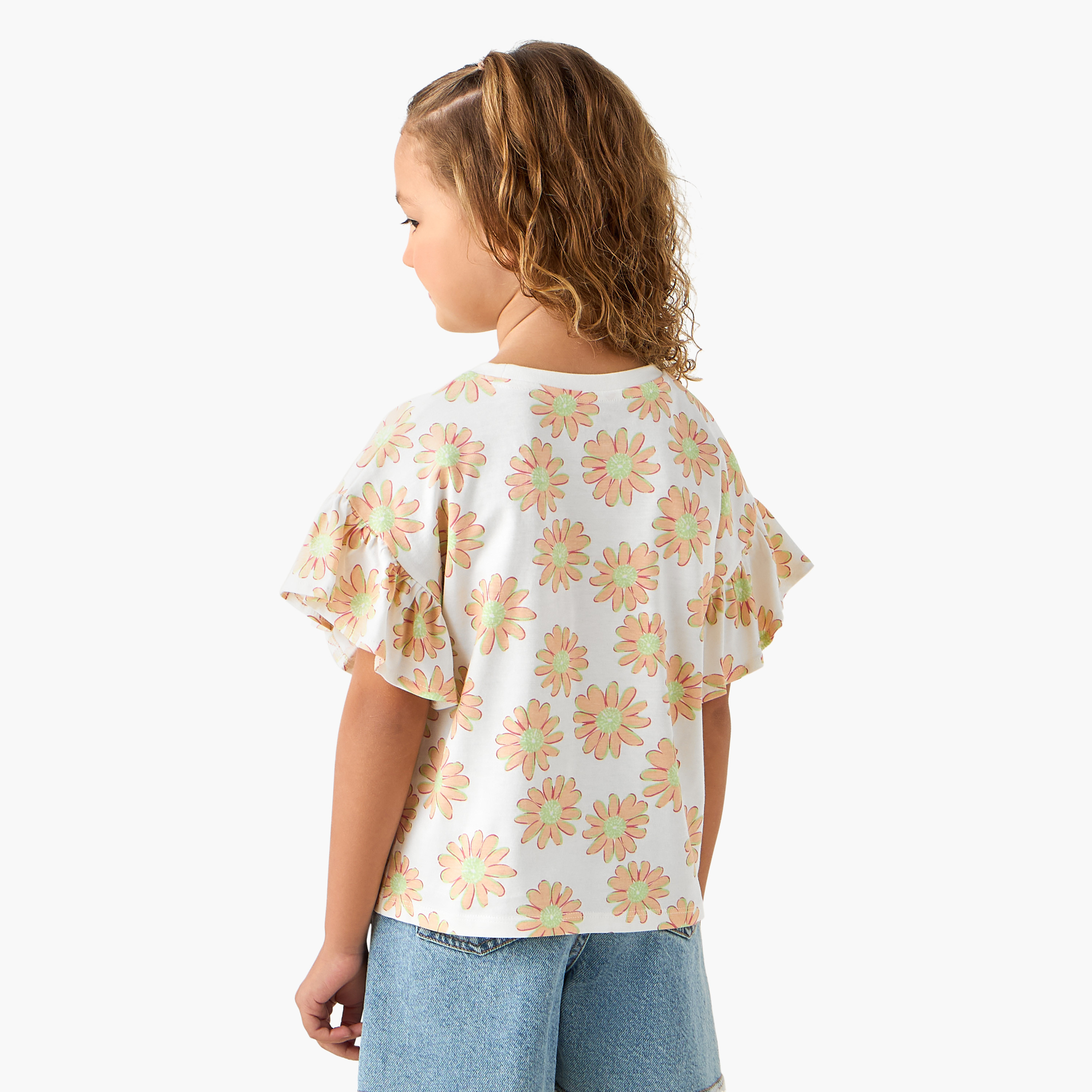 Juniors Crew Neck Short Sleeves T-shirt with Floral Print-girls-clothing-tshirts-image-3