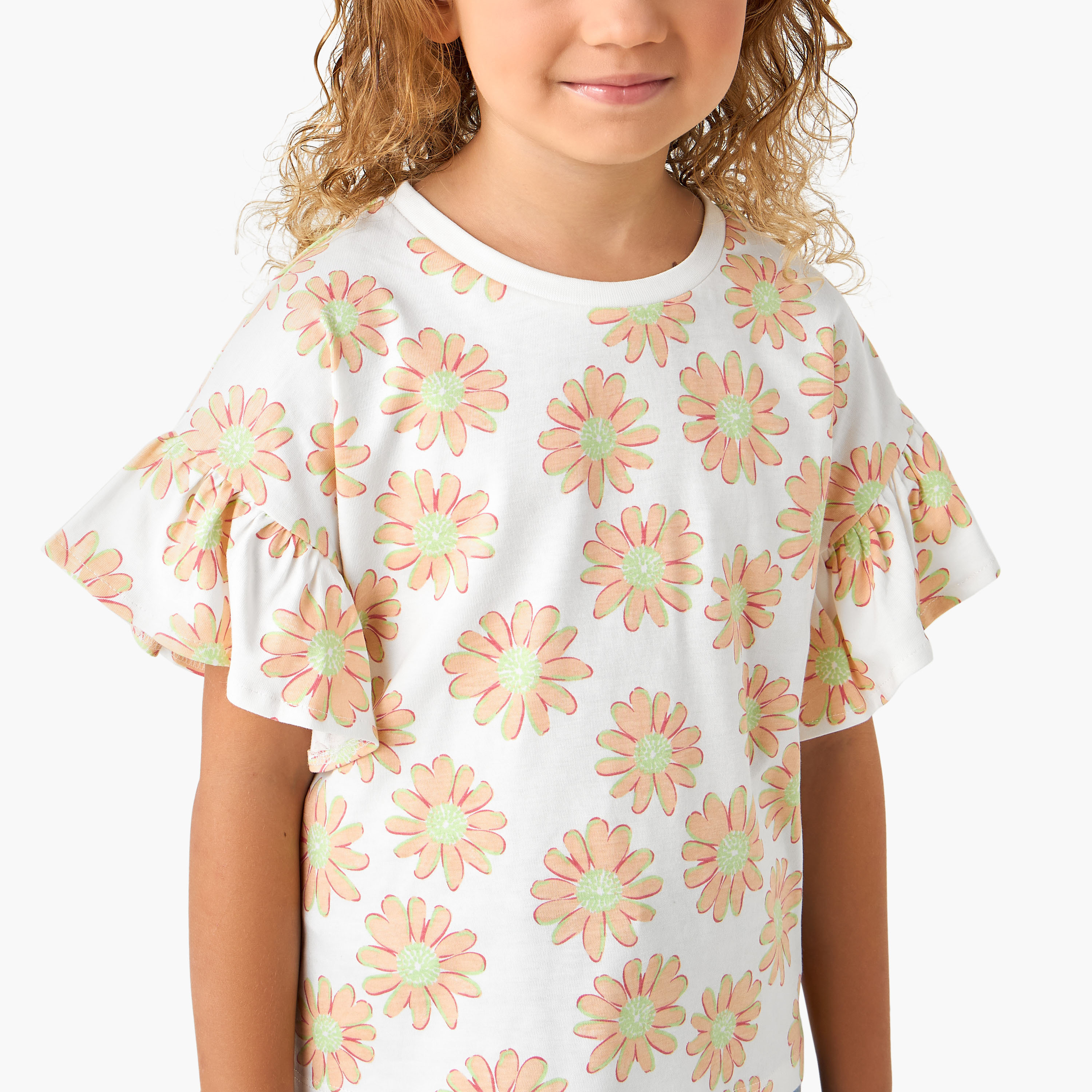 Juniors Crew Neck Short Sleeves T-shirt with Floral Print-girls-clothing-tshirts-image-4