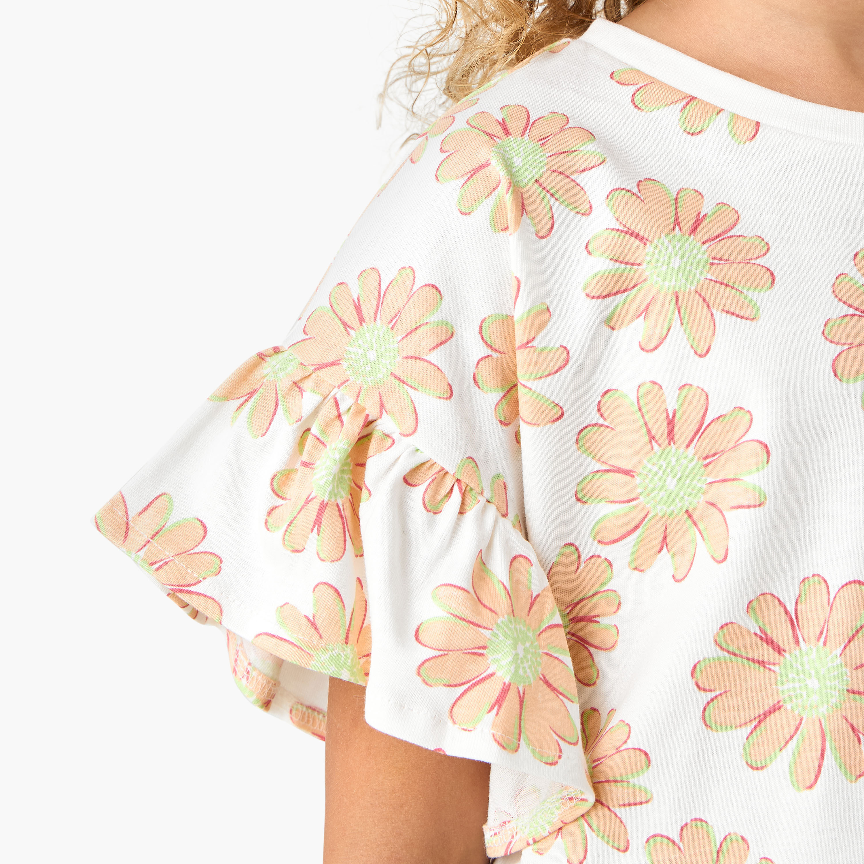 Juniors Crew Neck Short Sleeves T-shirt with Floral Print-girls-clothing-tshirts-image-5