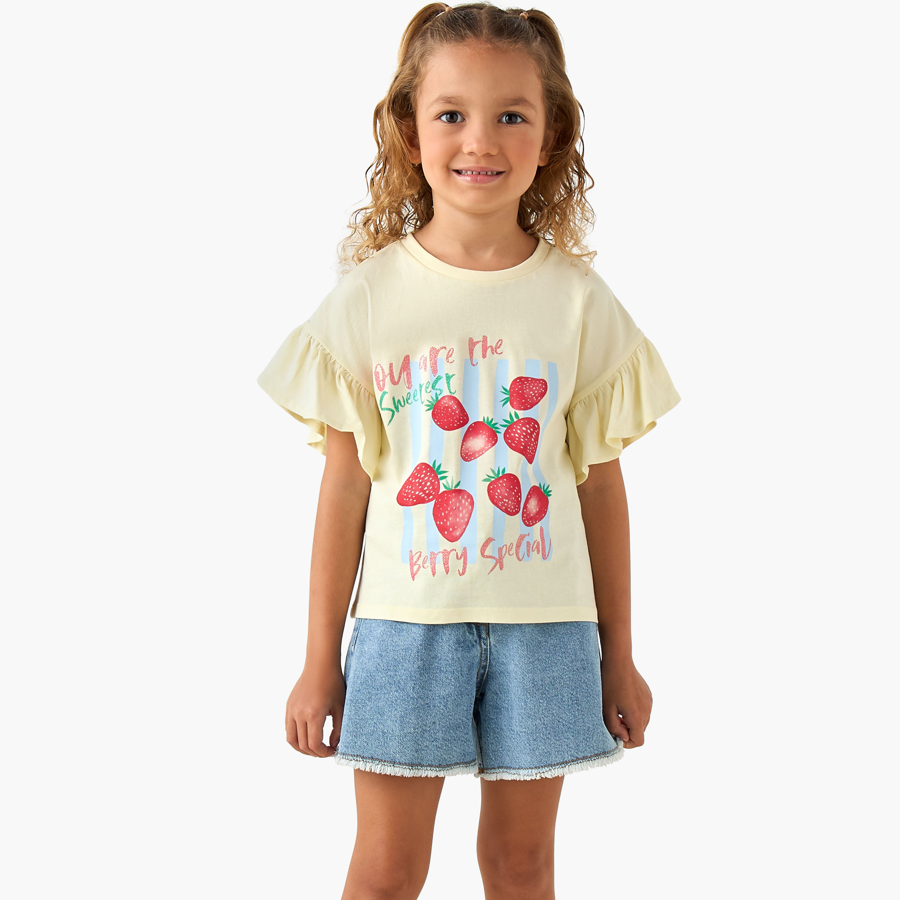 Juniors Crew Neck Short Ruffle Sleeves T-shirt with Cat Graphic Print-girls-clothing-tshirts-image-1