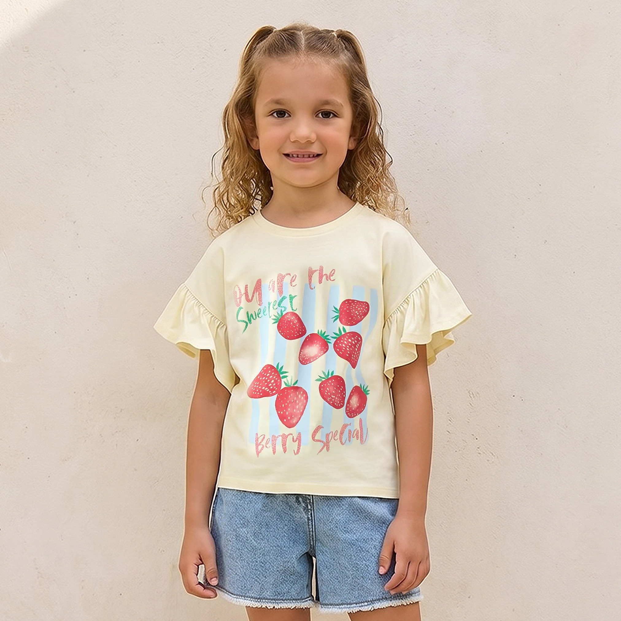 Juniors Crew Neck Short Ruffle Sleeves T-shirt with Cat Graphic Print-girls-clothing-tshirts-image-1