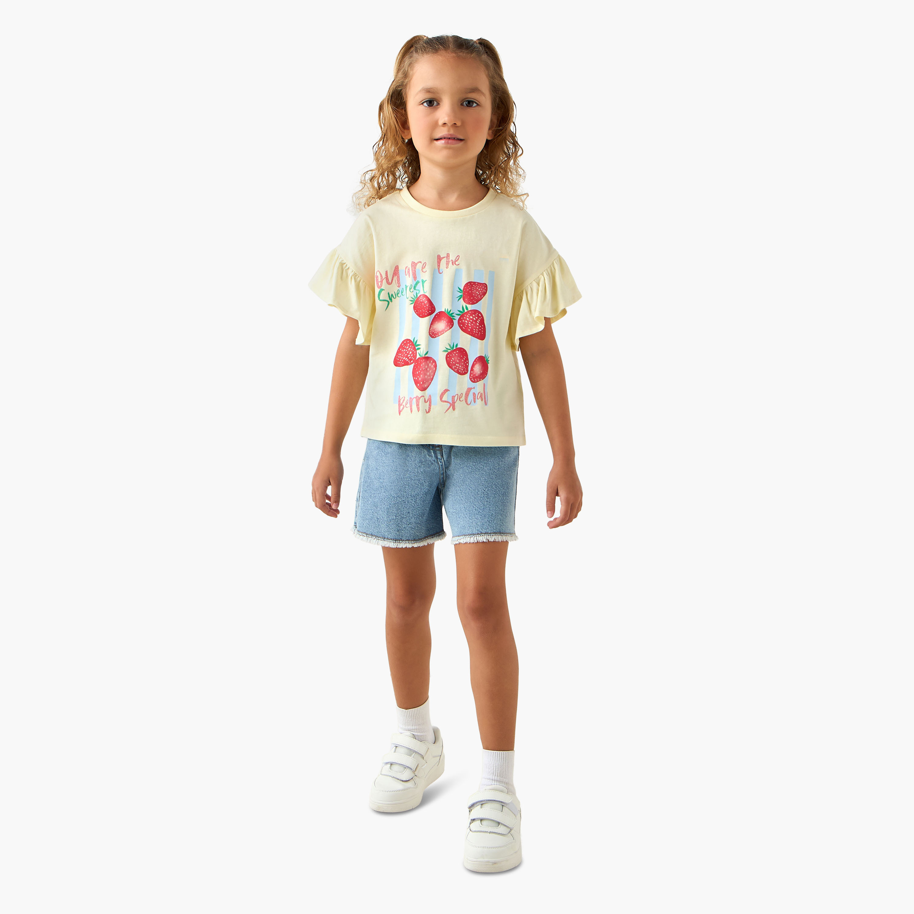 Juniors Crew Neck Short Ruffle Sleeves T-shirt with Cat Graphic Print-girls-clothing-tshirts-image-2