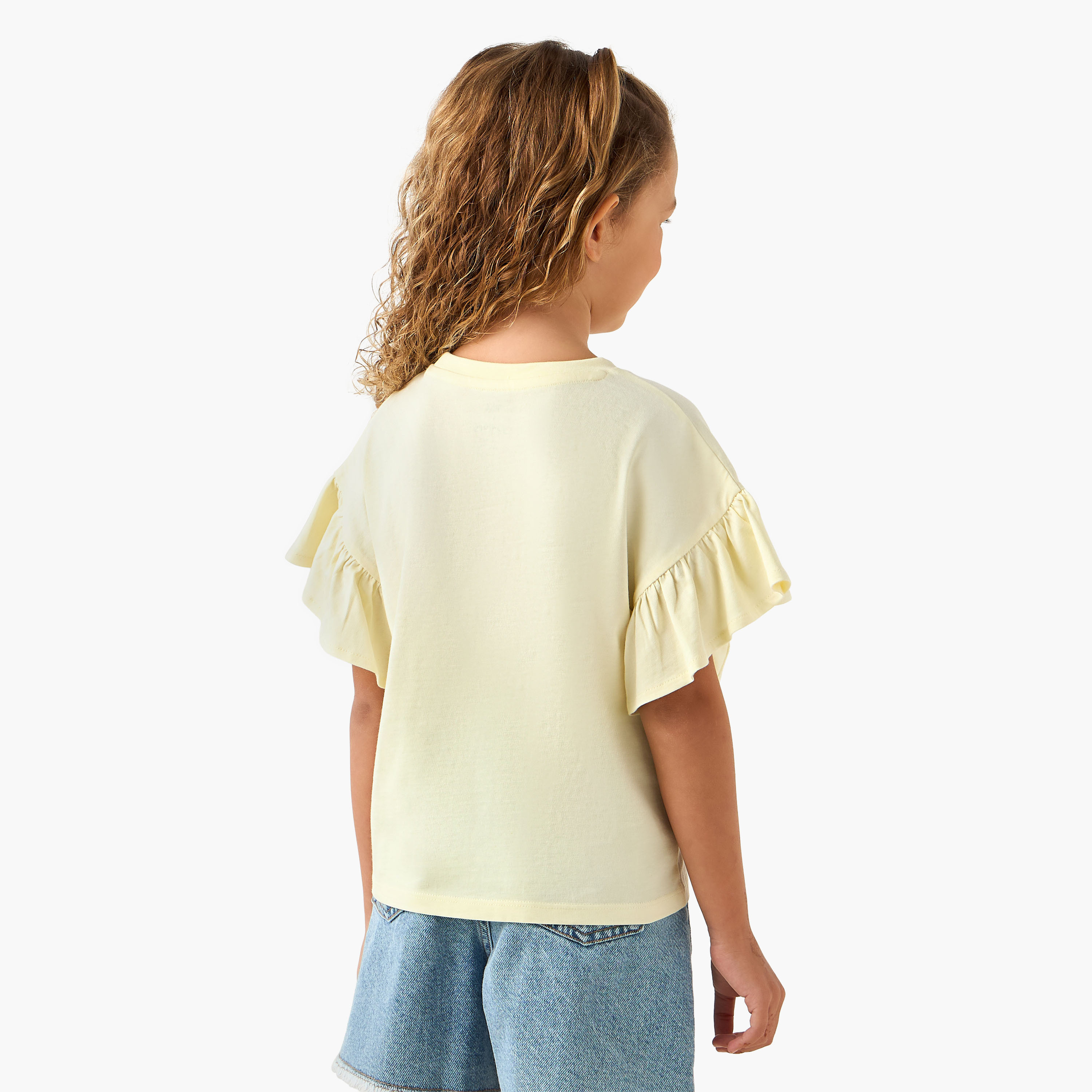 Juniors Crew Neck Short Ruffle Sleeves T-shirt with Cat Graphic Print-girls-clothing-tshirts-image-3