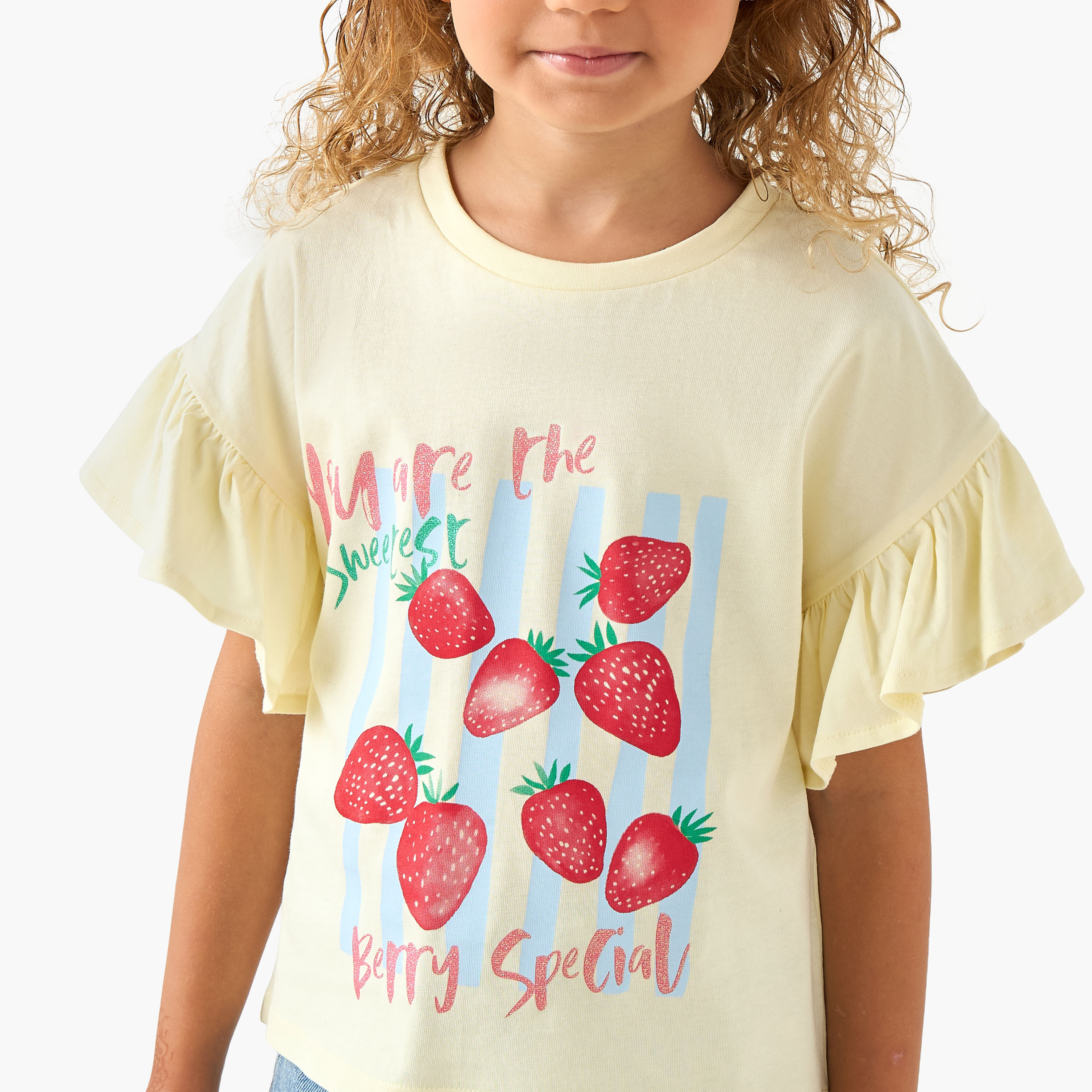 Juniors Crew Neck Short Ruffle Sleeves T-shirt with Cat Graphic Print-girls-clothing-tshirts-image-4