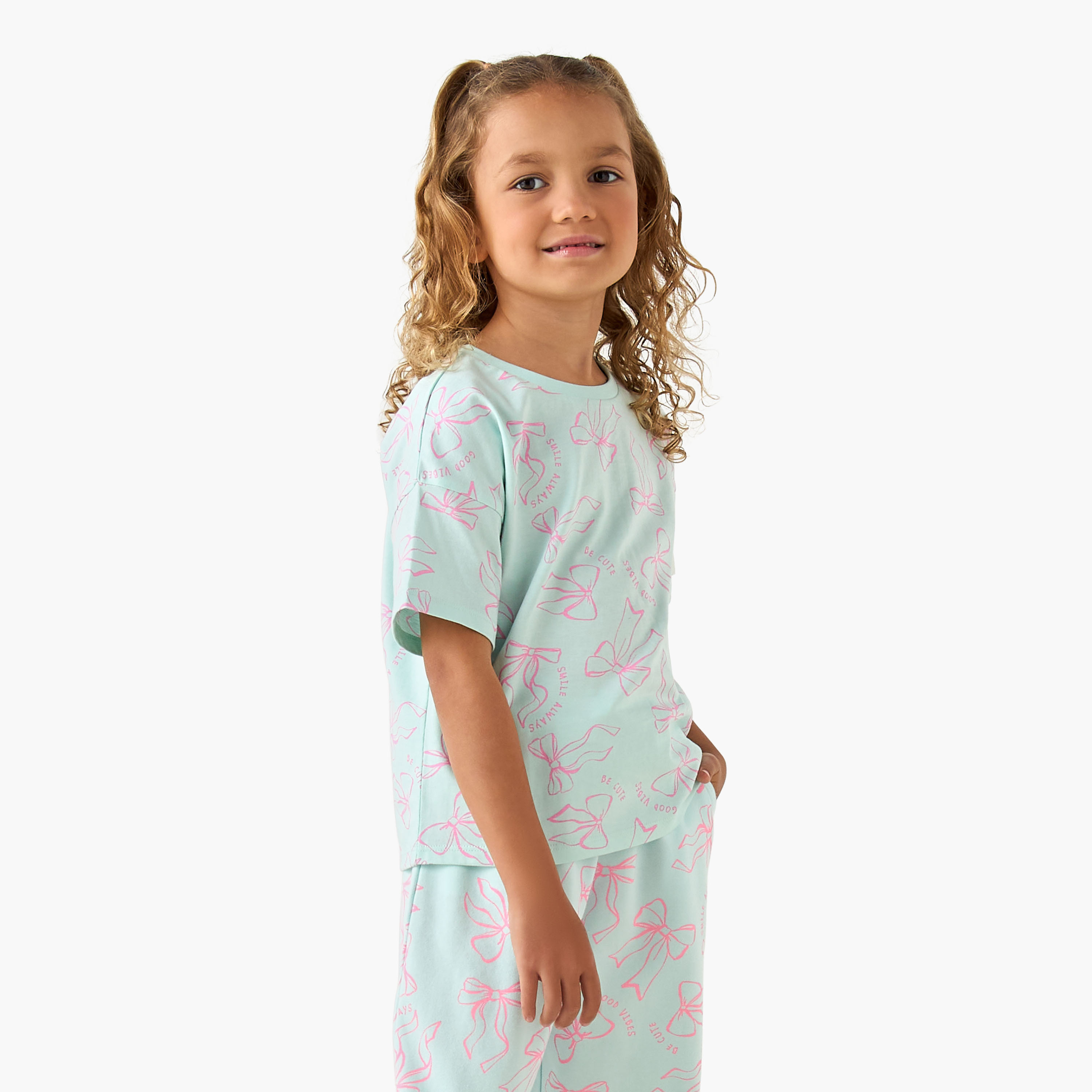 Juniors Crew Neck Short Sleeves T-shirt with Bow Print-girls-clothing-tshirts-image-1