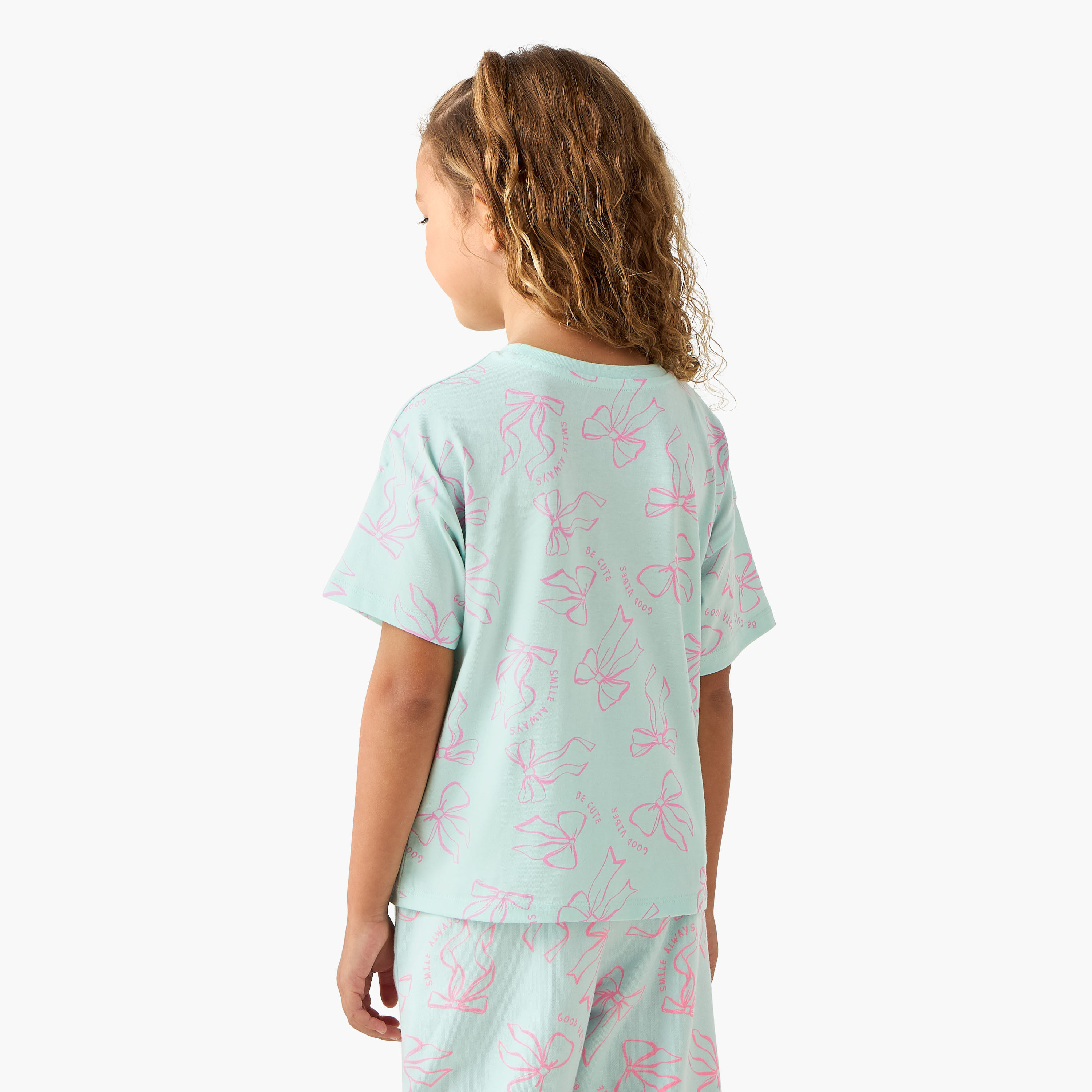 Juniors Crew Neck Short Sleeves T-shirt with Bow Print-girls-clothing-tshirts-image-3