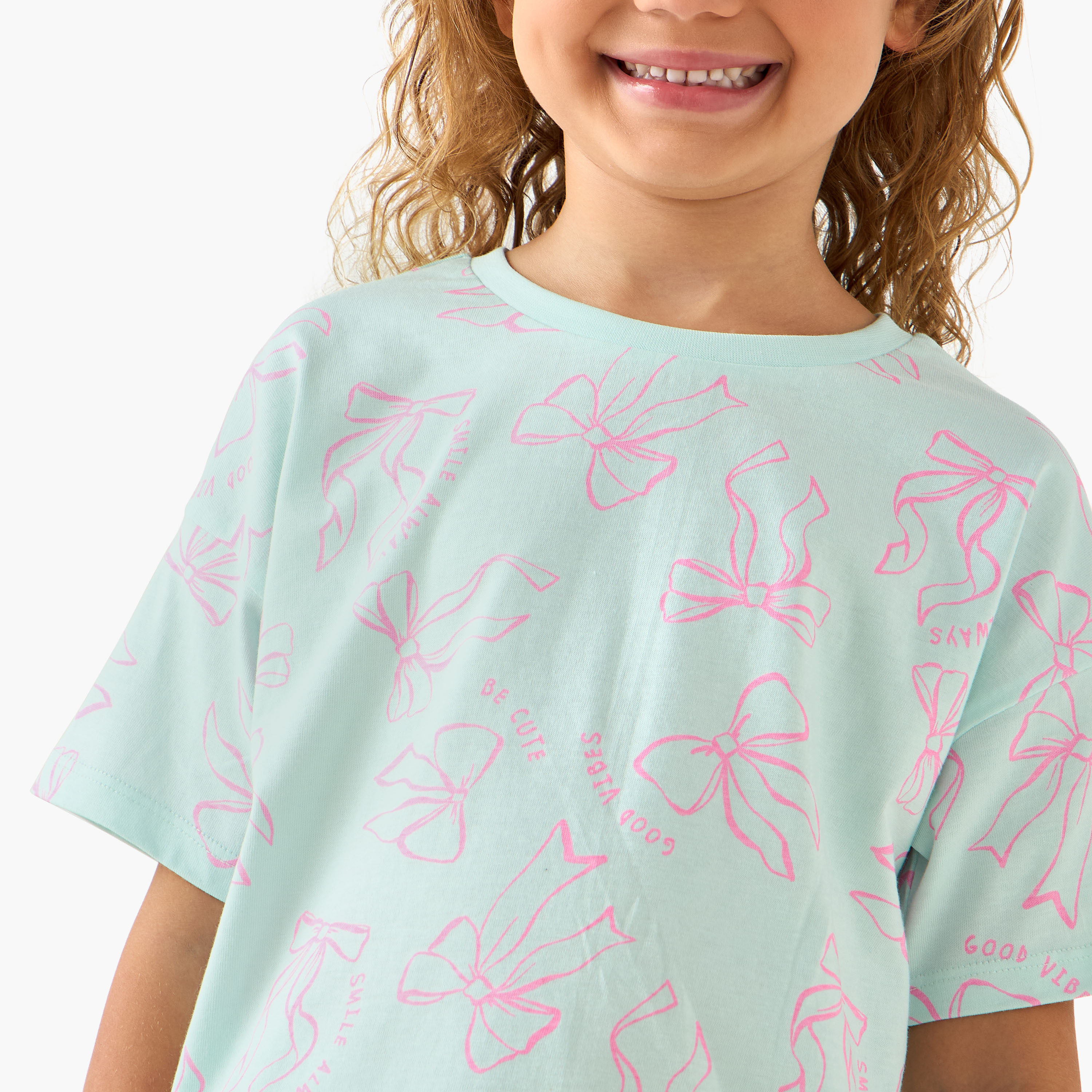 Juniors Crew Neck Short Sleeves T-shirt with Bow Print-girls-clothing-tshirts-image-4