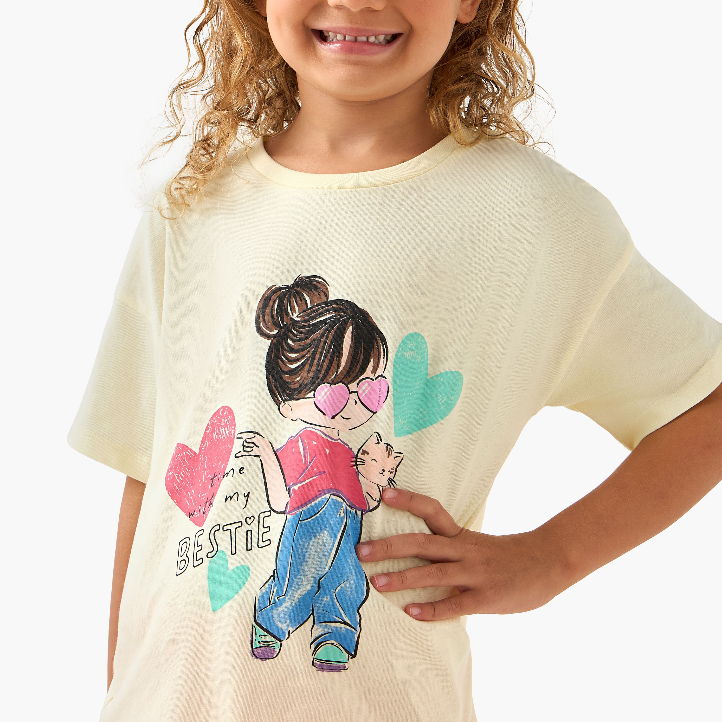 Juniors Crew Neck Short Sleeves T-shirt with Bow Print-girls-clothing-tshirts-image-4
