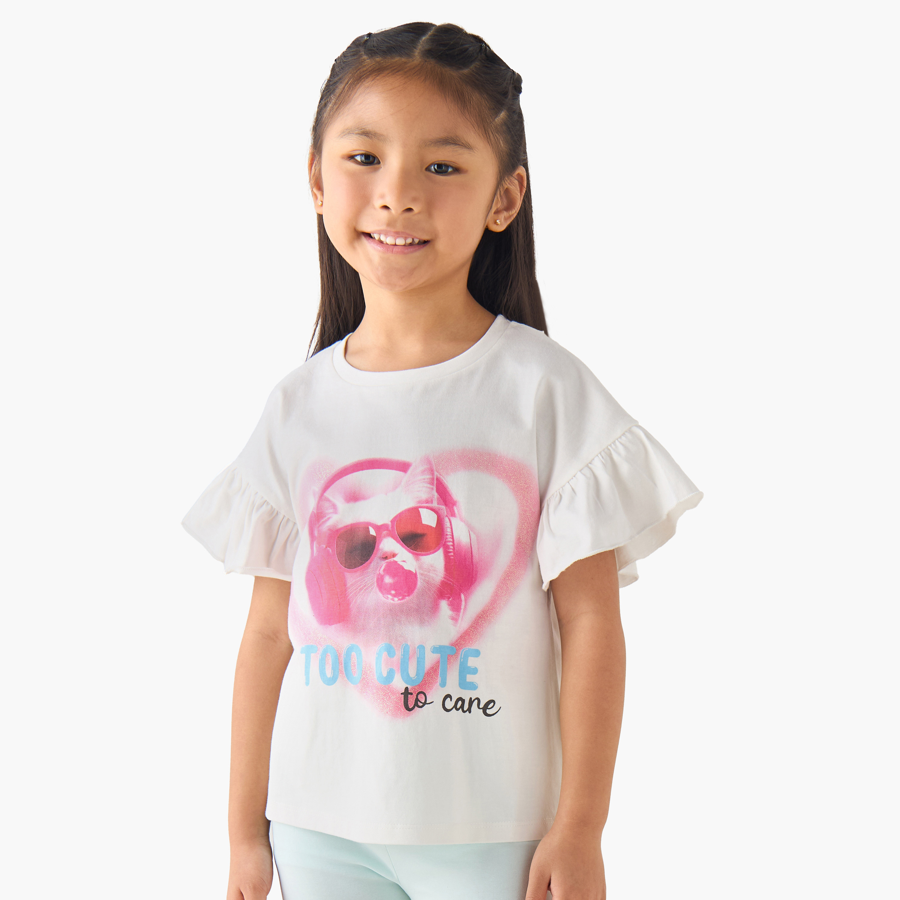 Juniors Crew Neck Short Ruffle Sleeves T-shirt with Cat Graphic Print-girls-clothing-tshirts-image-1