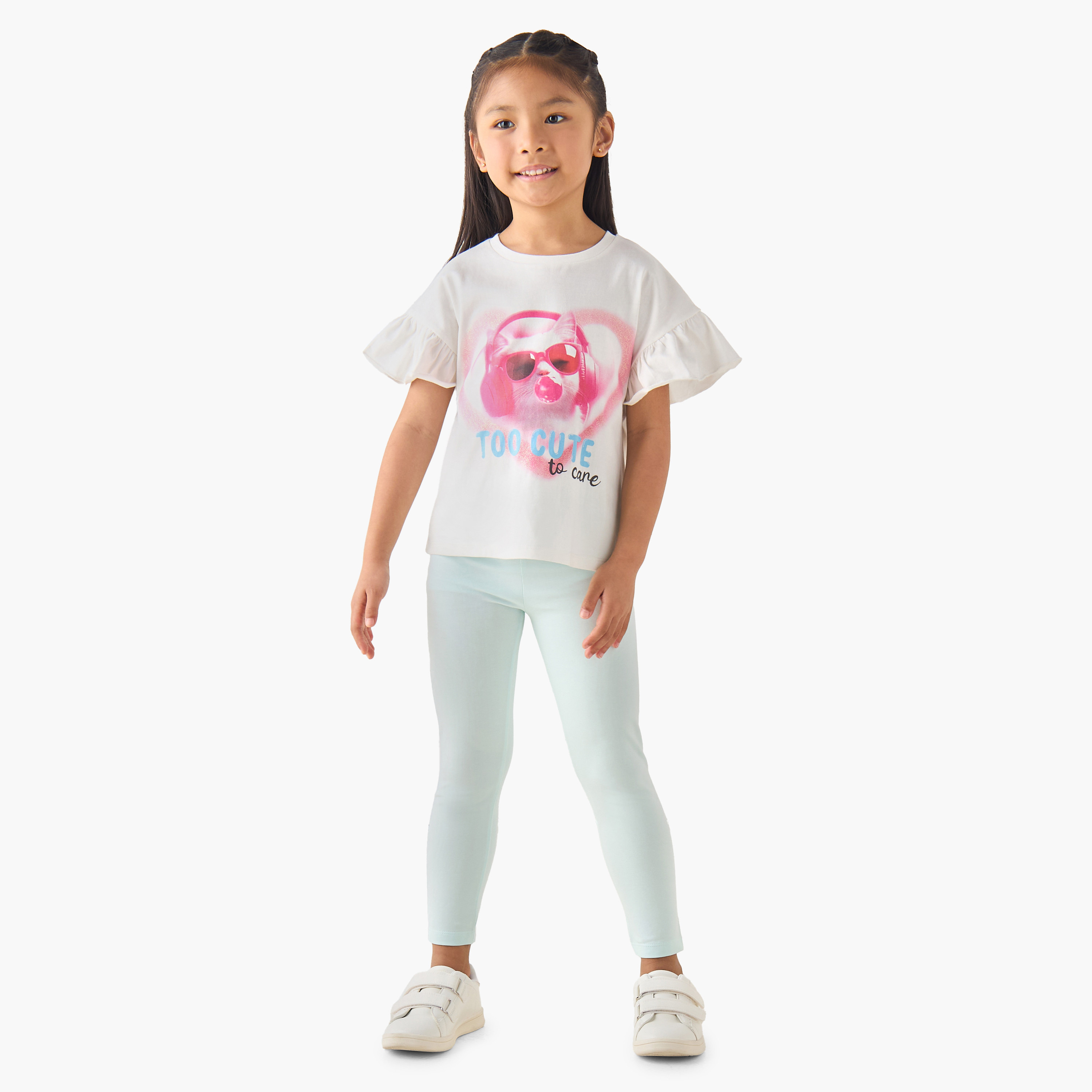 Juniors Crew Neck Short Ruffle Sleeves T-shirt with Cat Graphic Print-girls-clothing-tshirts-image-2