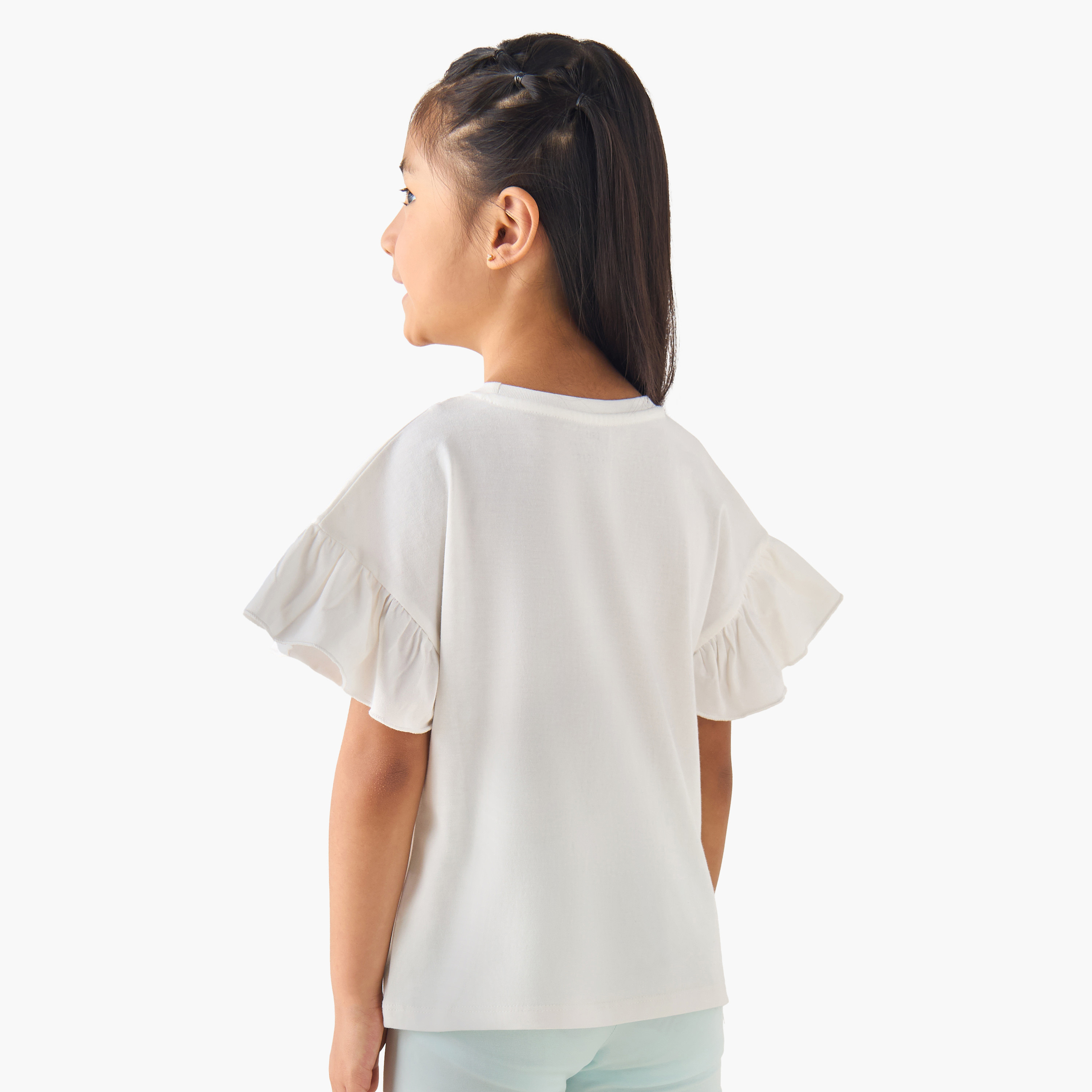 Juniors Crew Neck Short Ruffle Sleeves T-shirt with Cat Graphic Print-girls-clothing-tshirts-image-3