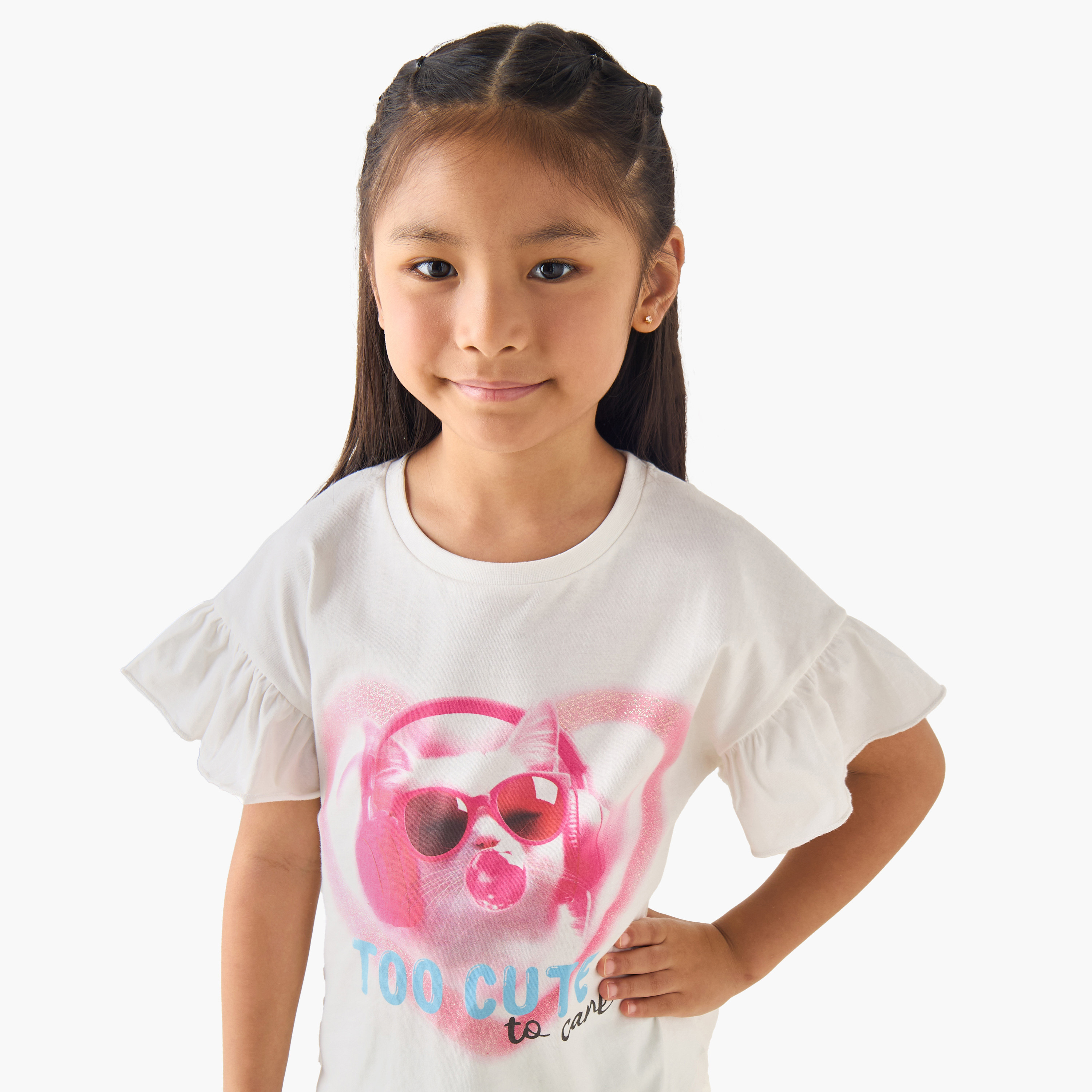 Juniors Crew Neck Short Ruffle Sleeves T-shirt with Cat Graphic Print-girls-clothing-tshirts-image-4