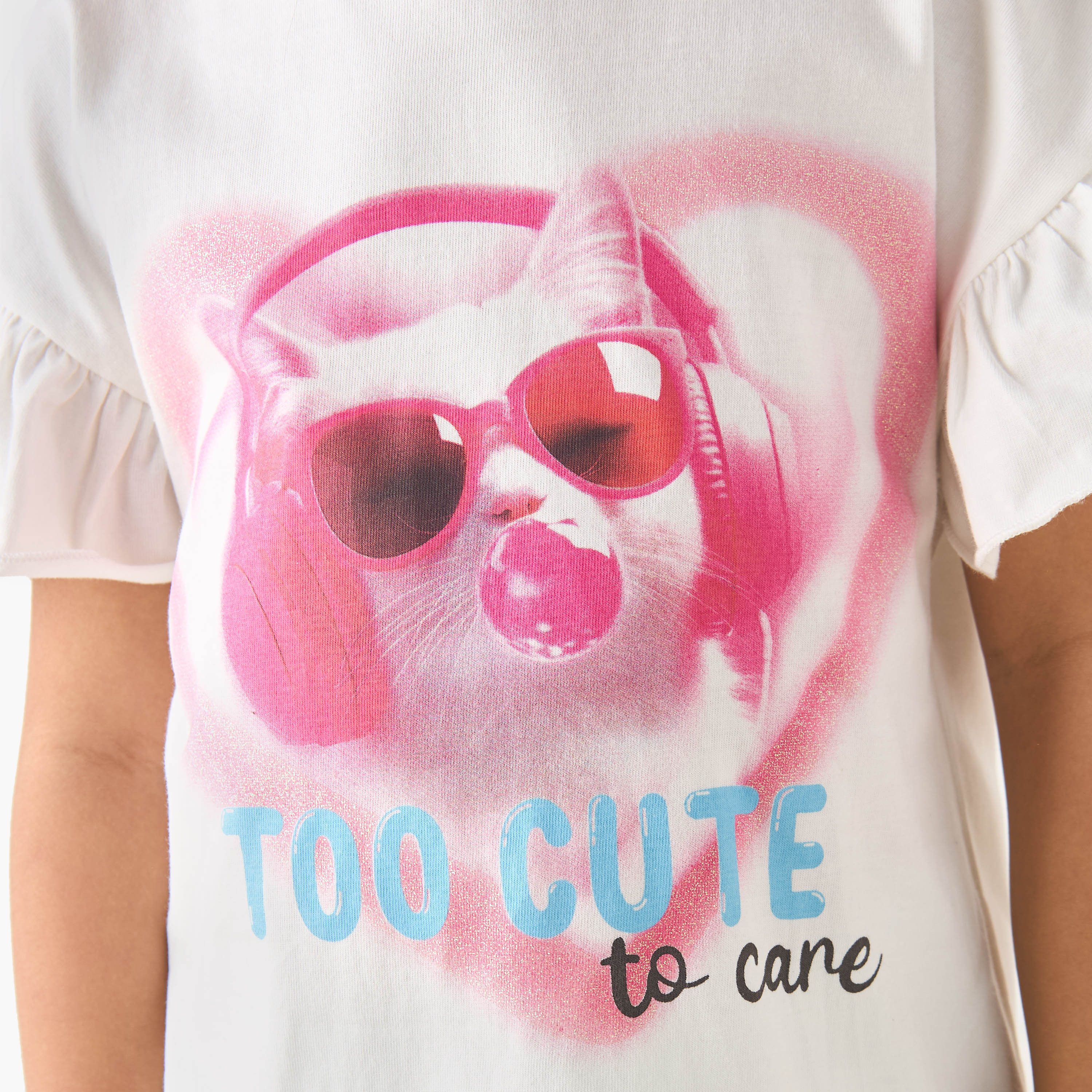 Juniors Crew Neck Short Ruffle Sleeves T-shirt with Cat Graphic Print-girls-clothing-tshirts-image-5