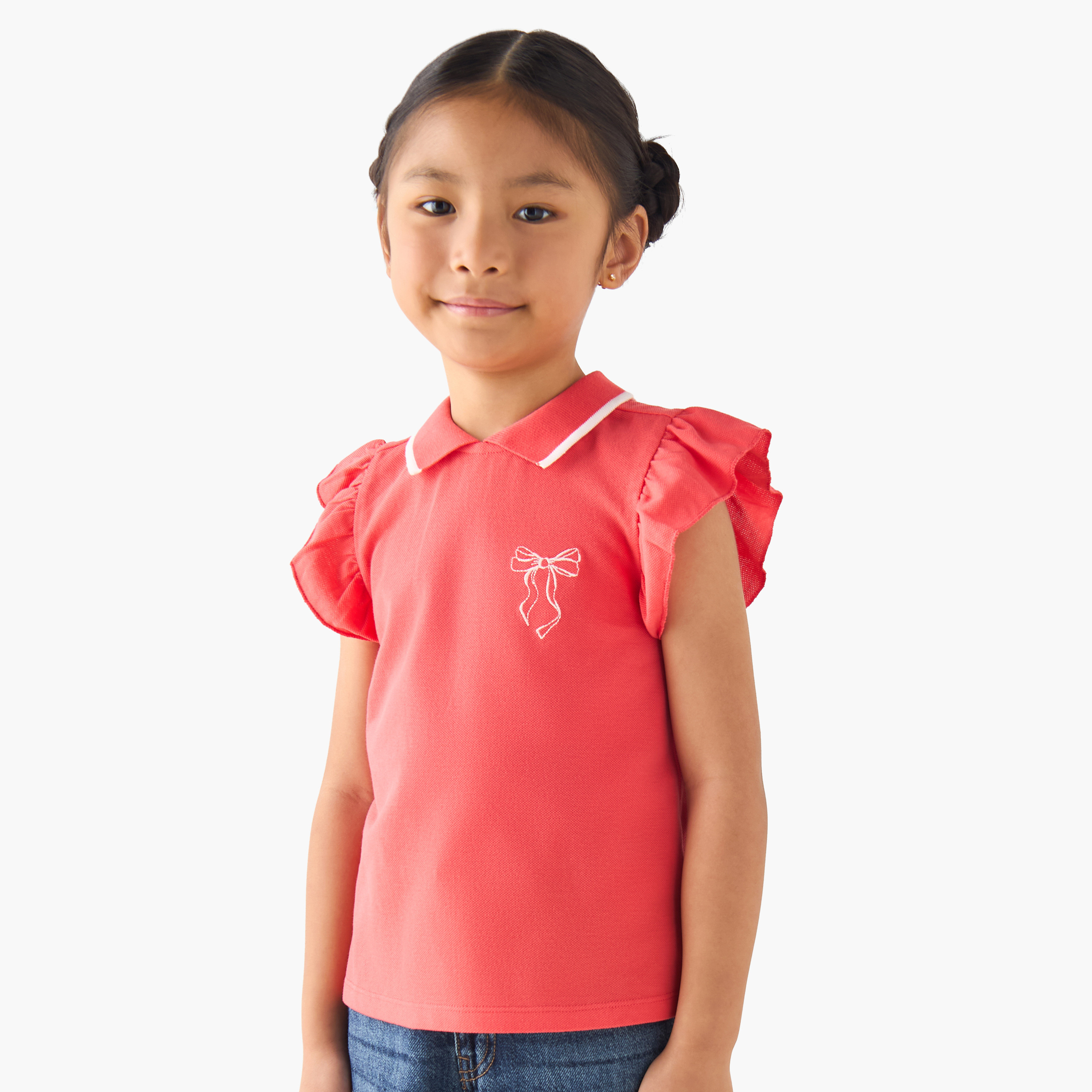 Juniors Collared Ruffle Cap Sleeves Polo T-shirt with Bow Print-girls-clothing-tshirts-image-1