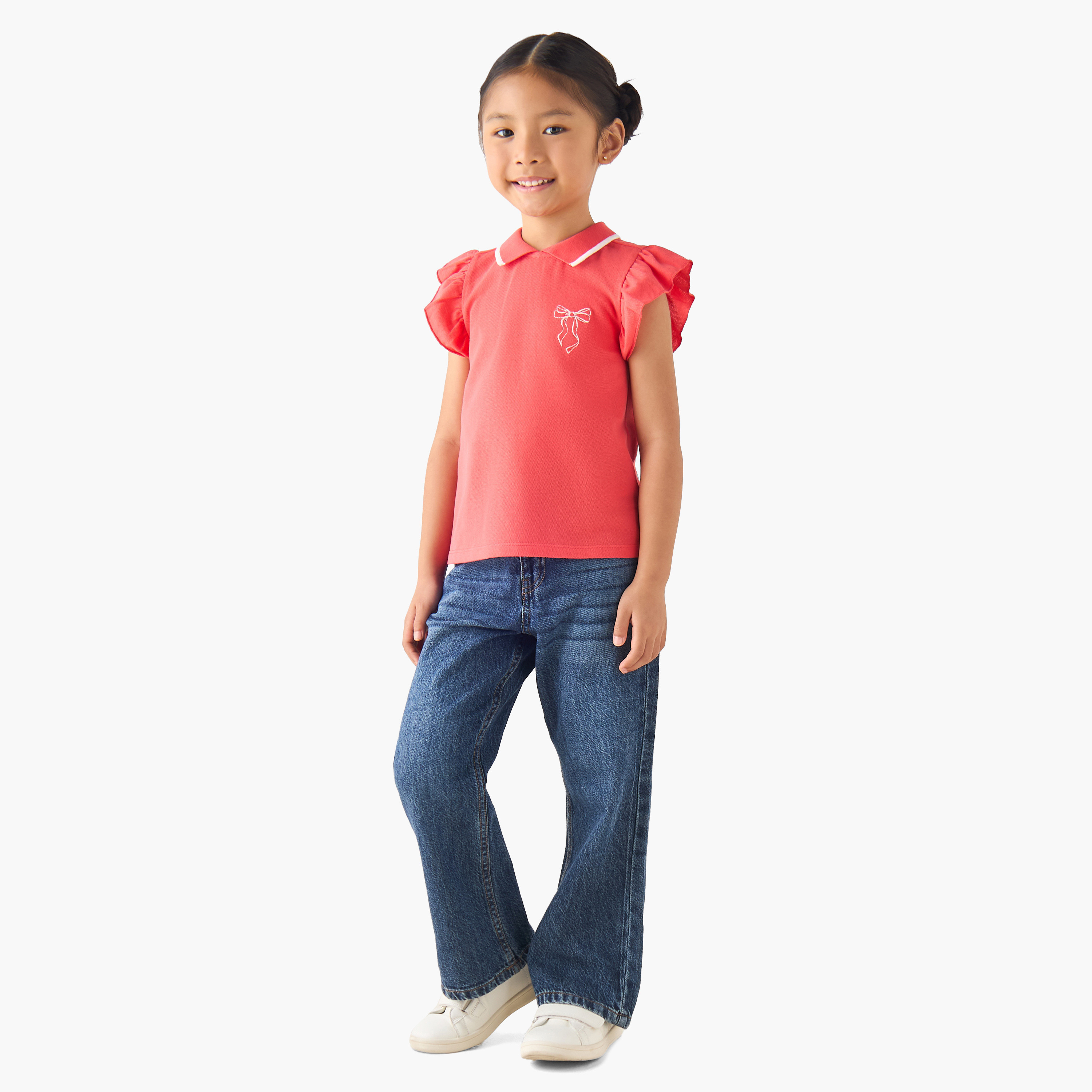 Juniors Collared Ruffle Cap Sleeves Polo T-shirt with Bow Print-girls-clothing-tshirts-image-2