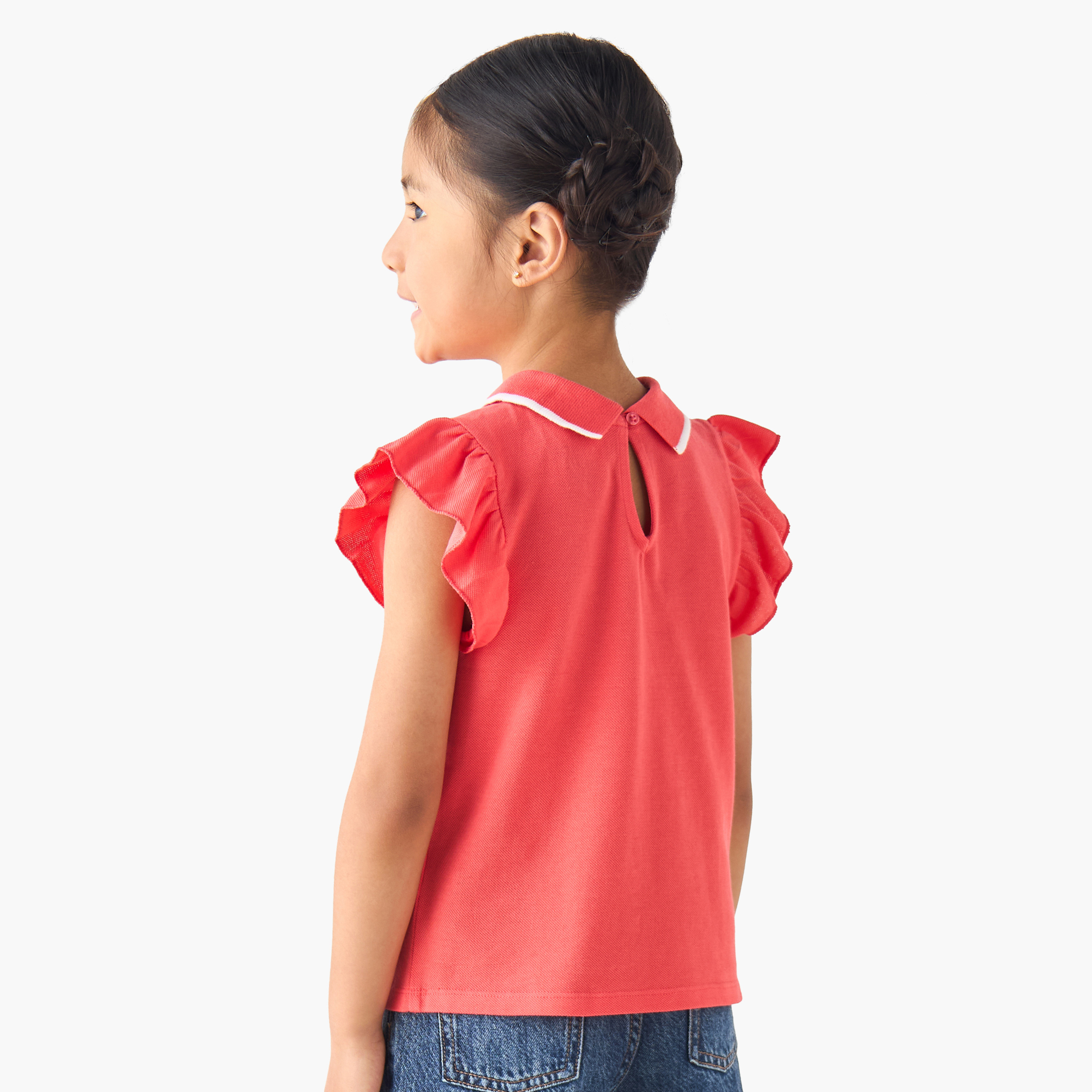 Juniors Collared Ruffle Cap Sleeves Polo T-shirt with Bow Print-girls-clothing-tshirts-image-3