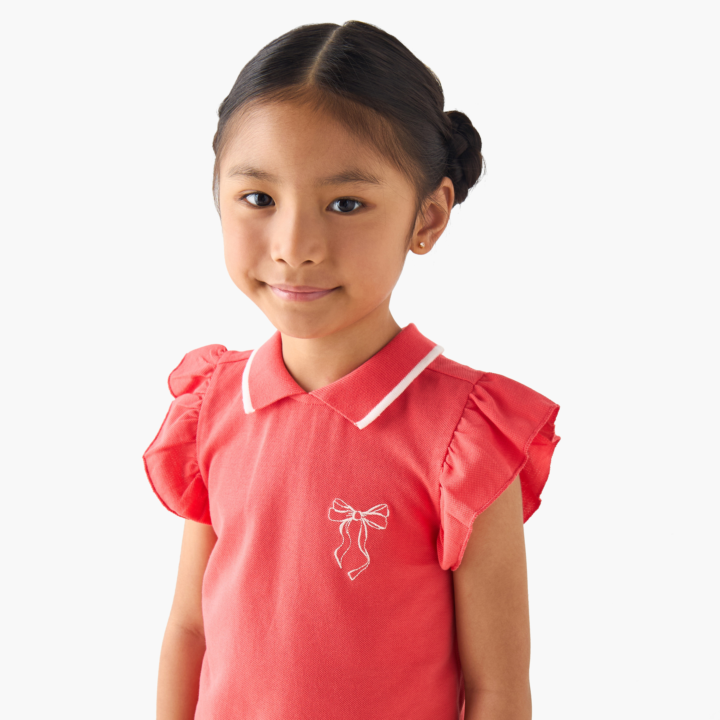 Juniors Collared Ruffle Cap Sleeves Polo T-shirt with Bow Print-girls-clothing-tshirts-image-4