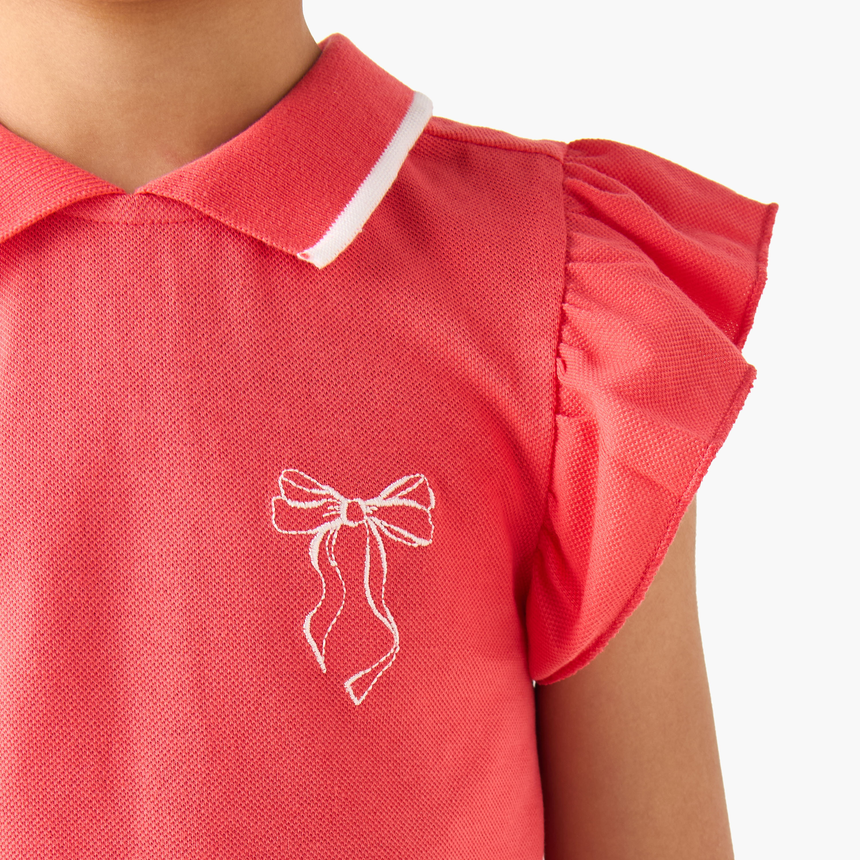 Juniors Collared Ruffle Cap Sleeves Polo T-shirt with Bow Print-girls-clothing-tshirts-image-5