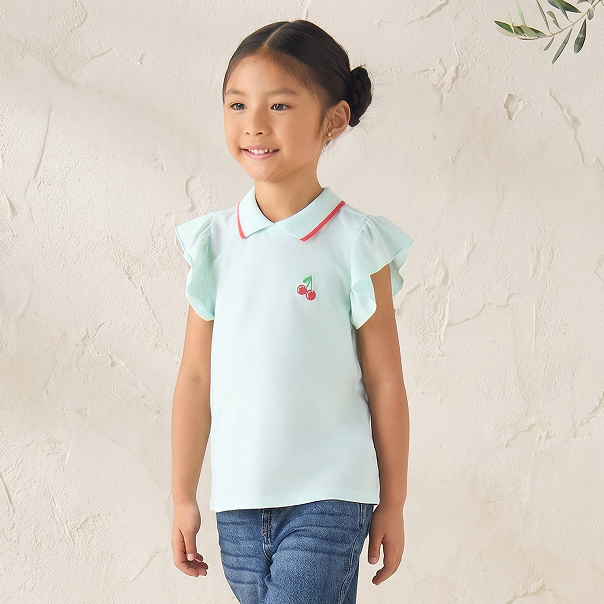 Juniors Collared Ruffle Cap Sleeves Polo T-shirt with Bow Print-girls-clothing-tshirts-image-1