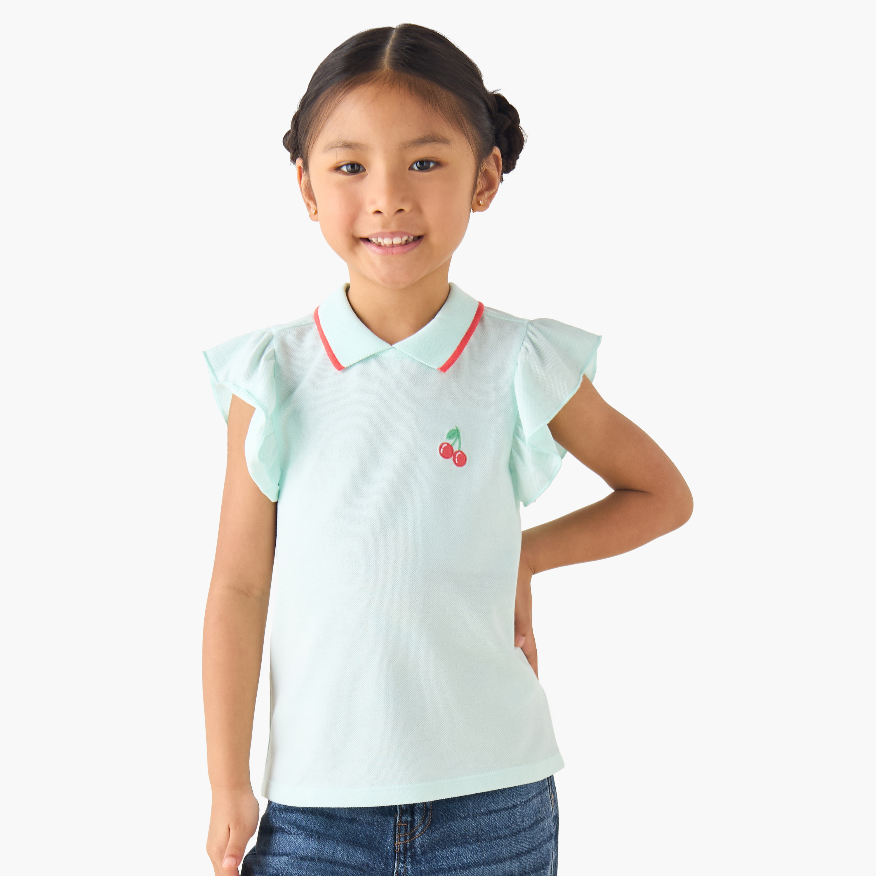 Juniors Collared Ruffle Cap Sleeves Polo T-shirt with Bow Print-girls-clothing-tshirts-image-1