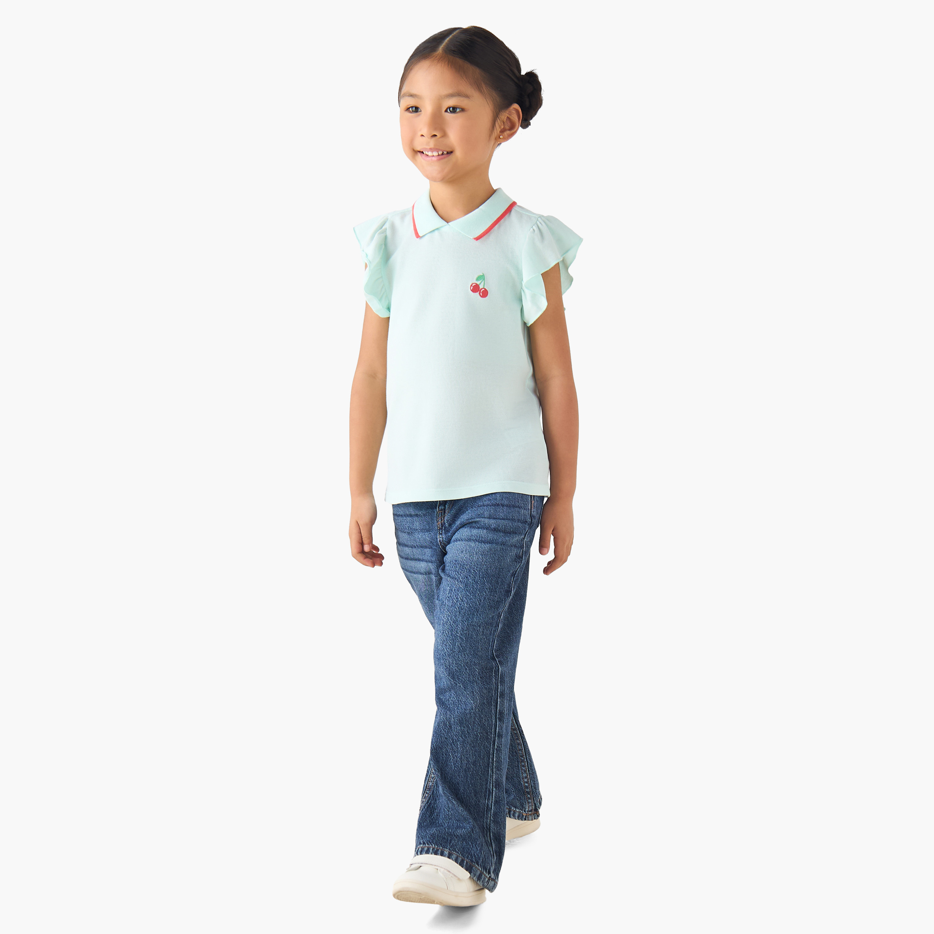 Juniors Collared Ruffle Cap Sleeves Polo T-shirt with Bow Print-girls-clothing-tshirts-image-2