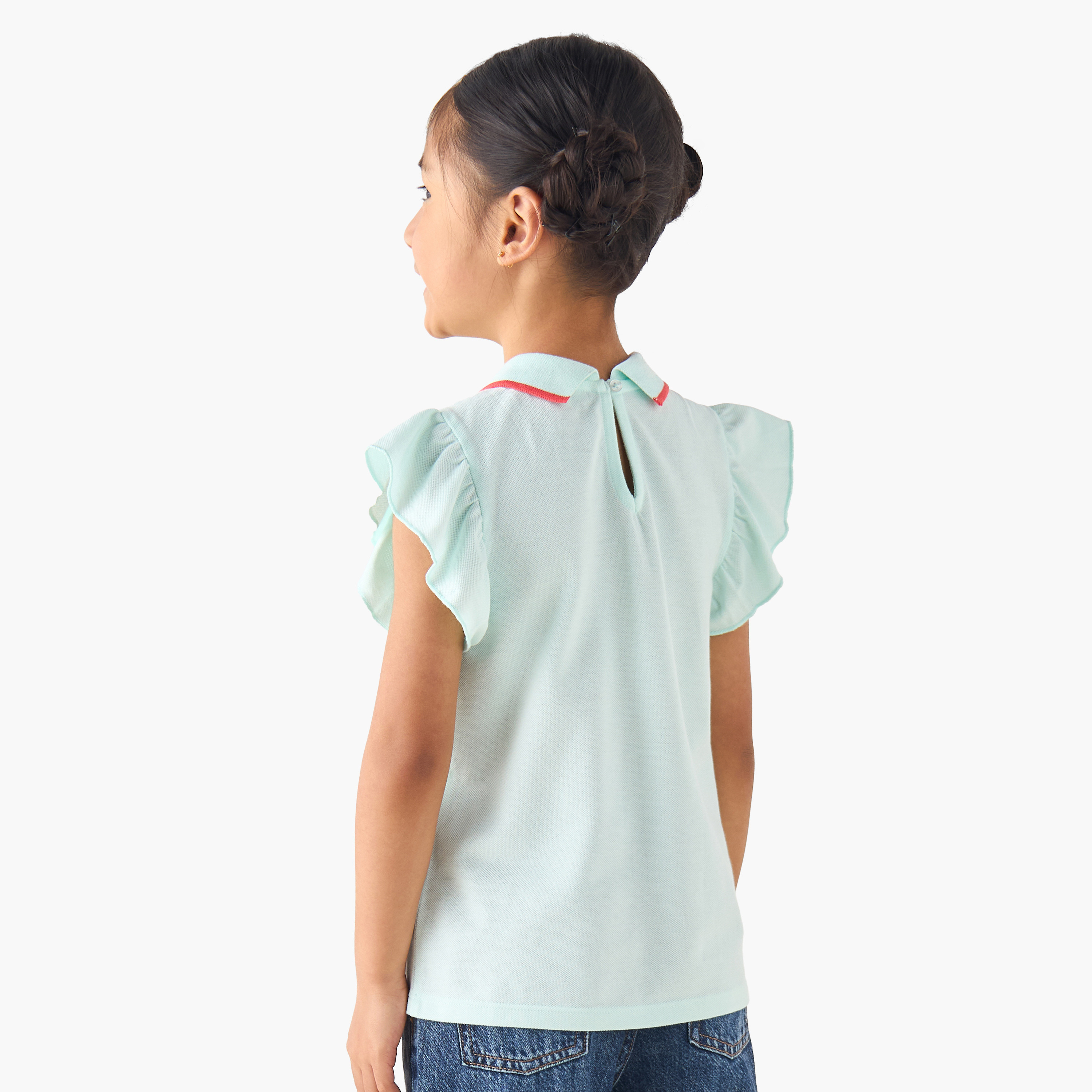 Juniors Collared Ruffle Cap Sleeves Polo T-shirt with Bow Print-girls-clothing-tshirts-image-3