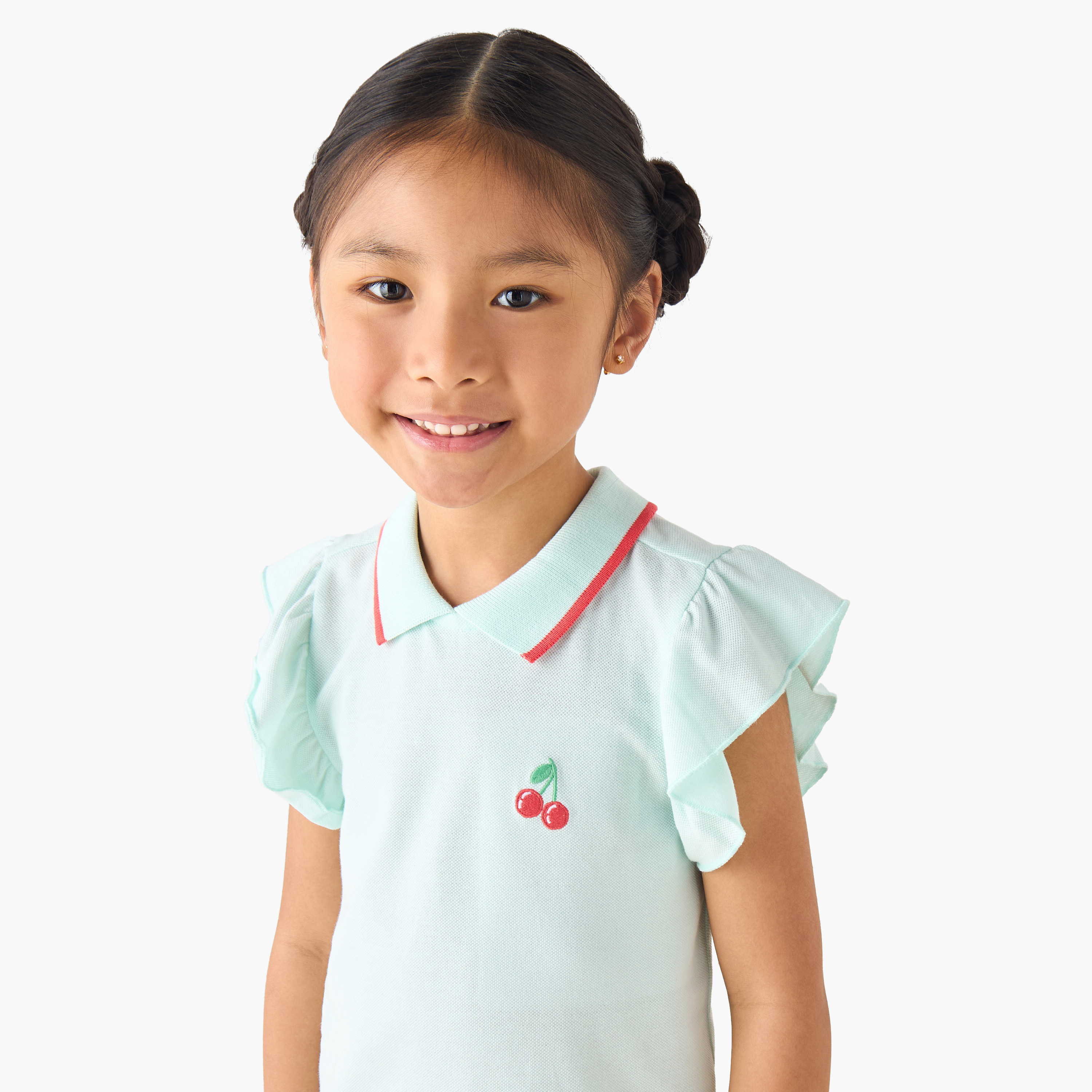 Juniors Collared Ruffle Cap Sleeves Polo T-shirt with Bow Print-girls-clothing-tshirts-image-4