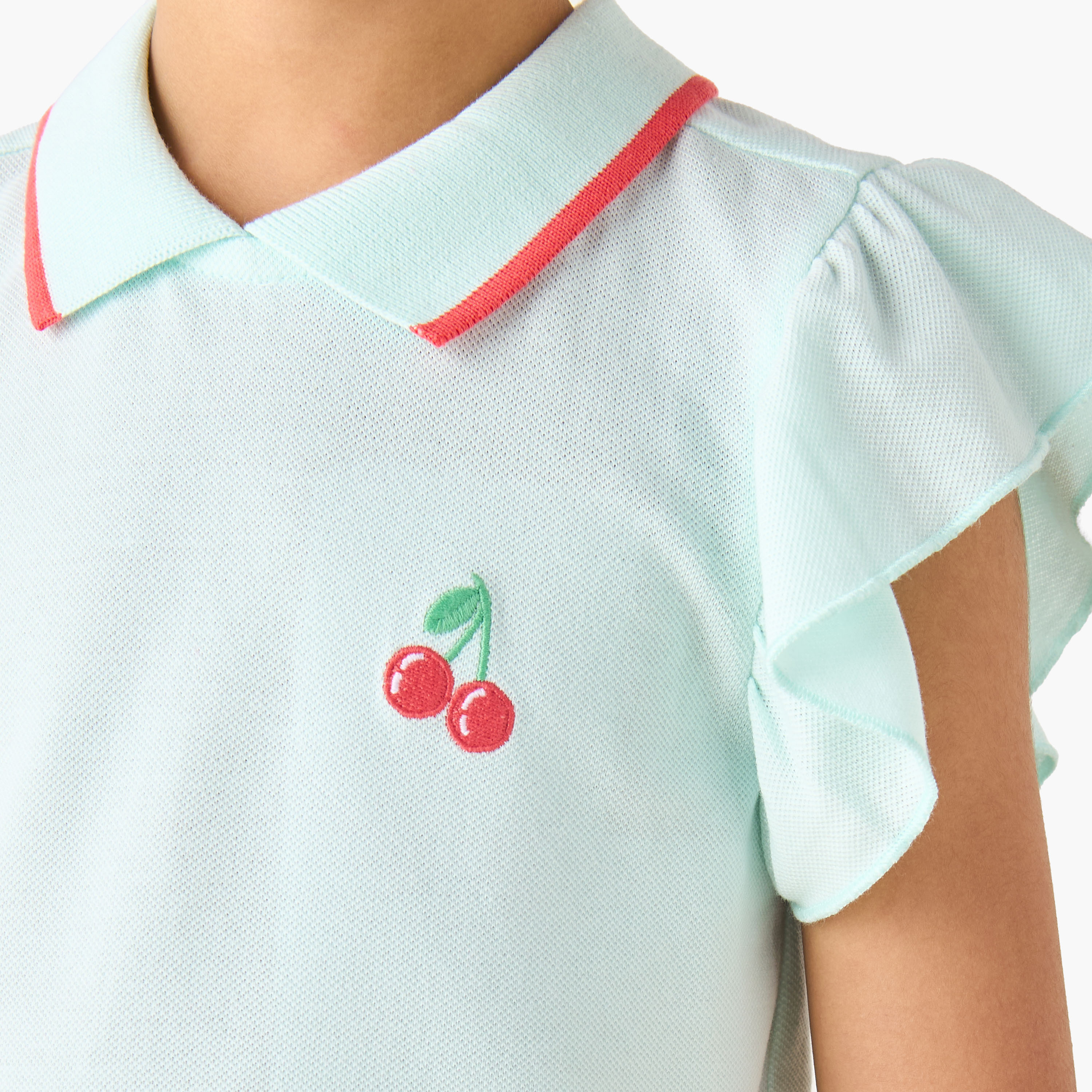 Juniors Collared Ruffle Cap Sleeves Polo T-shirt with Bow Print-girls-clothing-tshirts-image-5