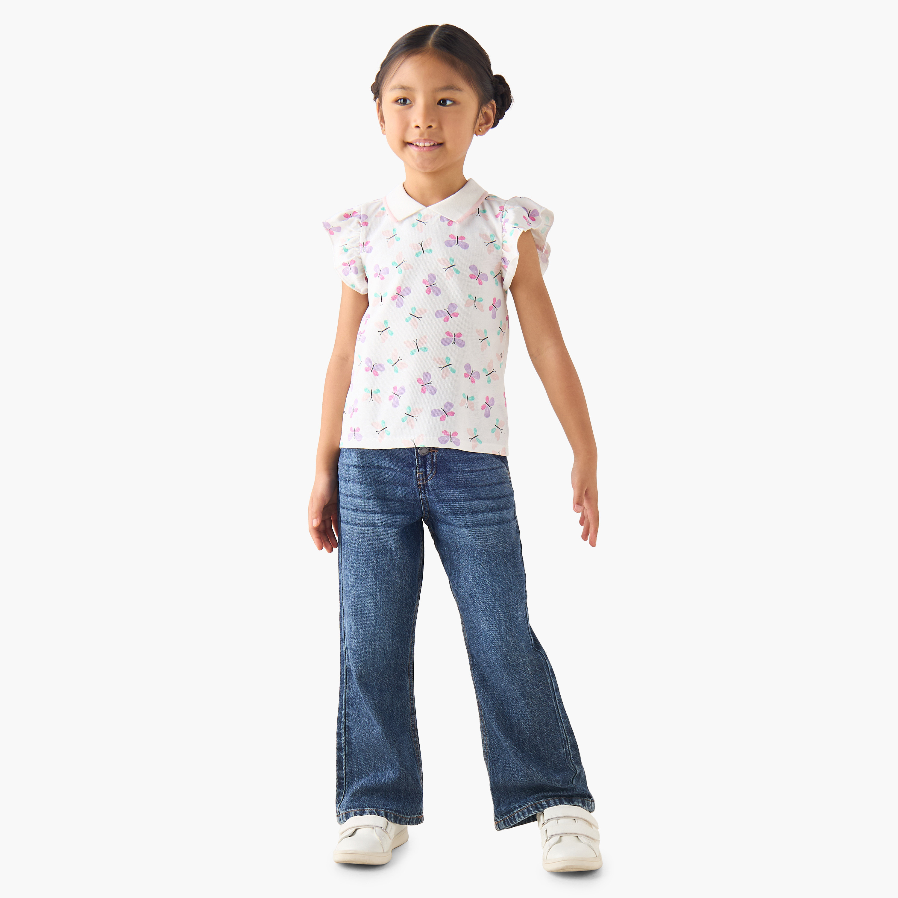 تيشيرت بولو بأكمام كشكش وياقة عادية وطبعات فيونكة من جونيورز-girls-clothing-tshirts-image-2