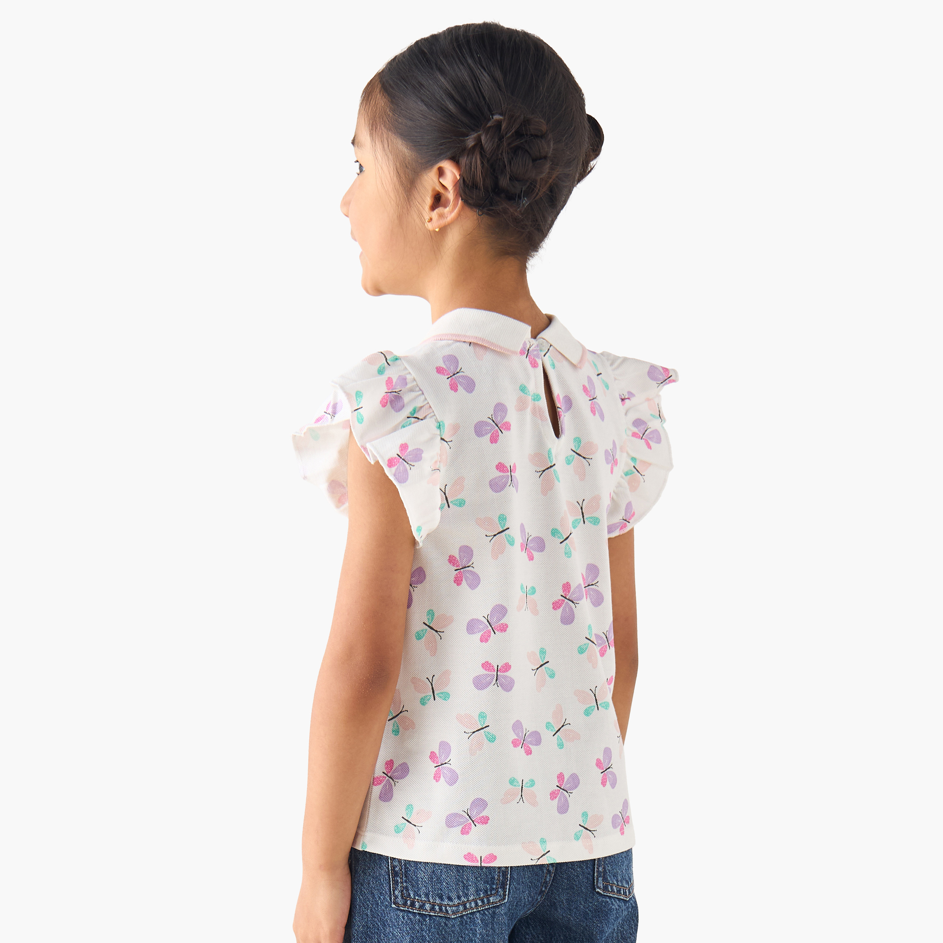 تيشيرت بولو بأكمام كشكش وياقة عادية وطبعات فيونكة من جونيورز-girls-clothing-tshirts-image-3