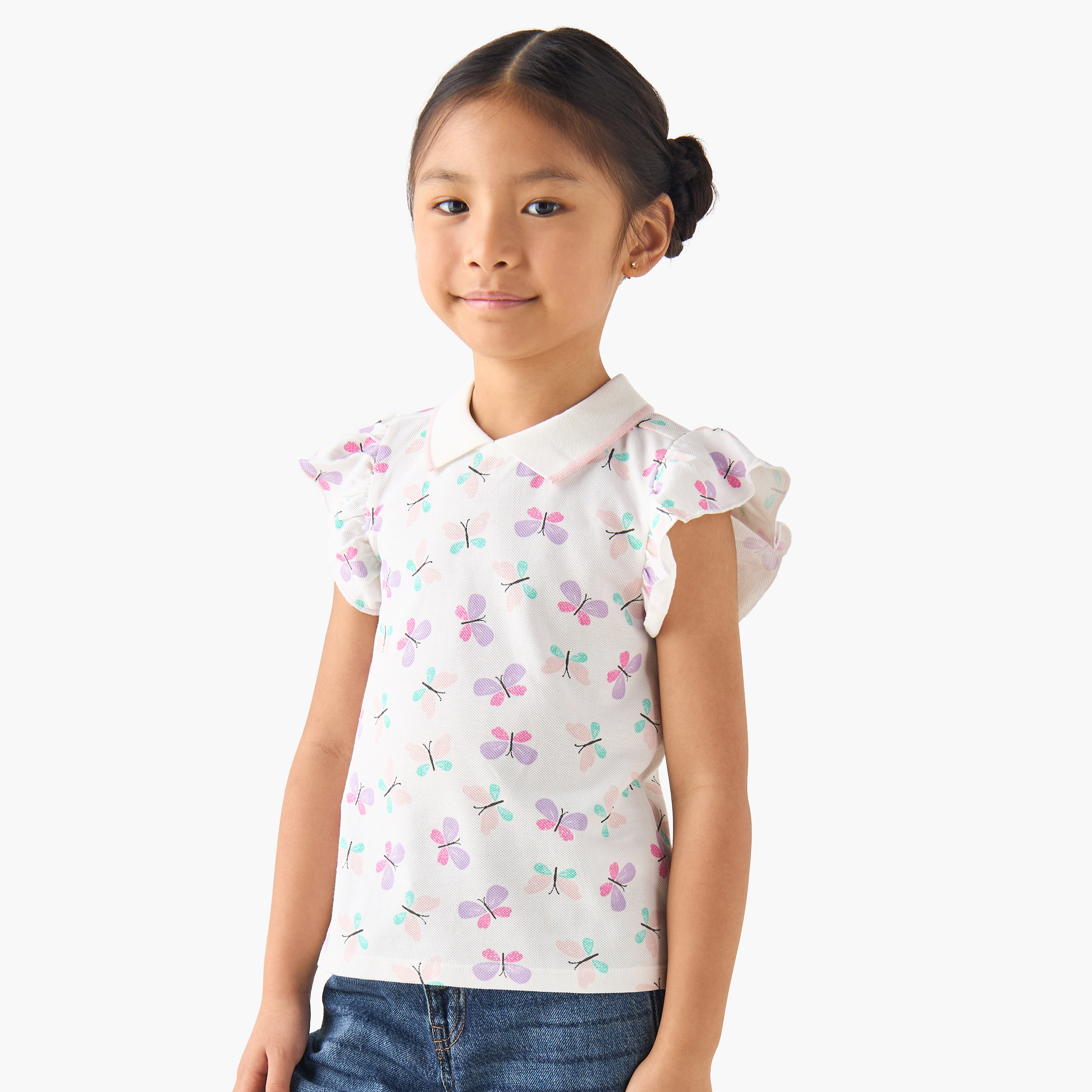 Juniors Collared Ruffle Cap Sleeves Polo T-shirt with Bow Print-girls-clothing-tshirts-image-1