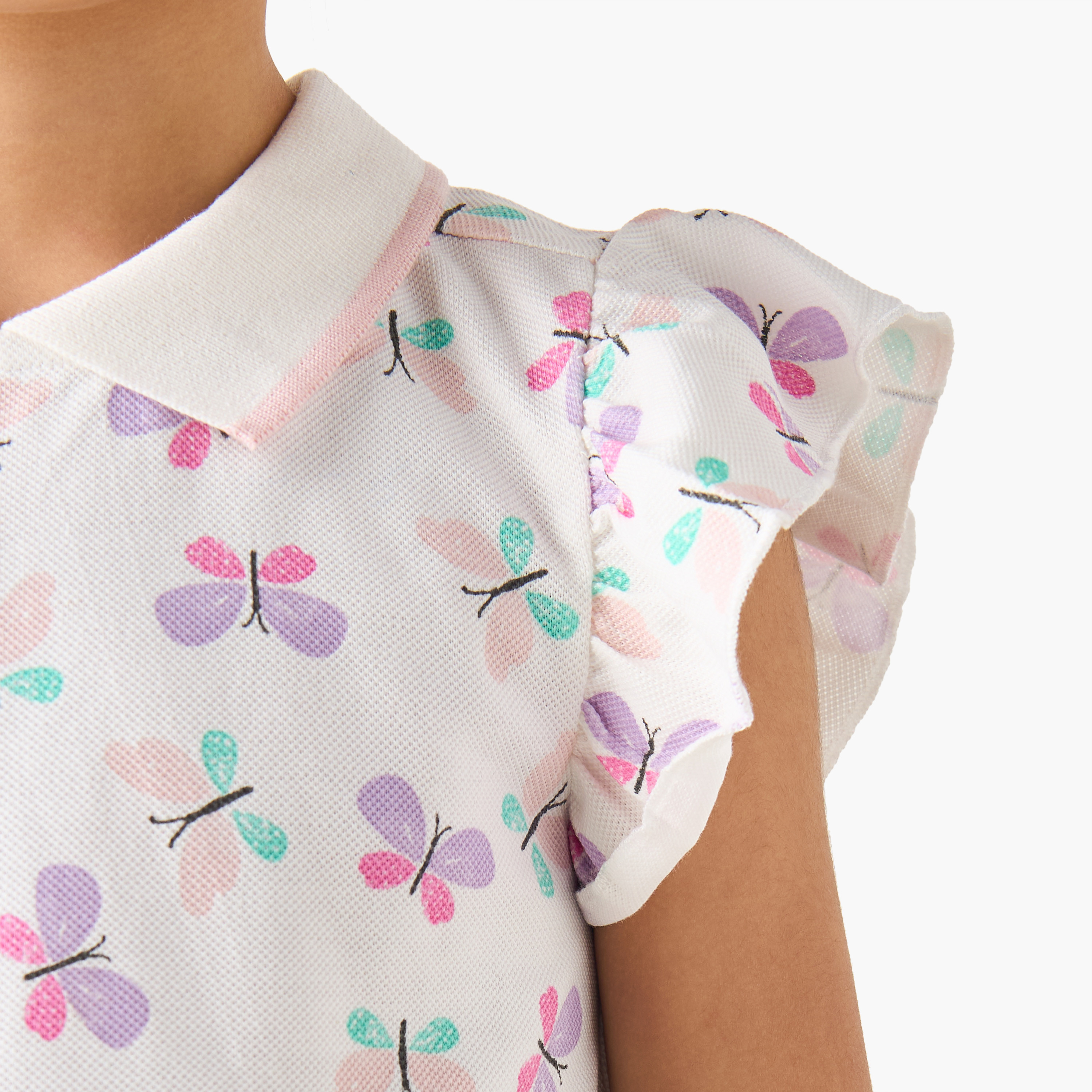 Juniors Collared Ruffle Cap Sleeves Polo T-shirt with Bow Print-girls-clothing-tshirts-image-5