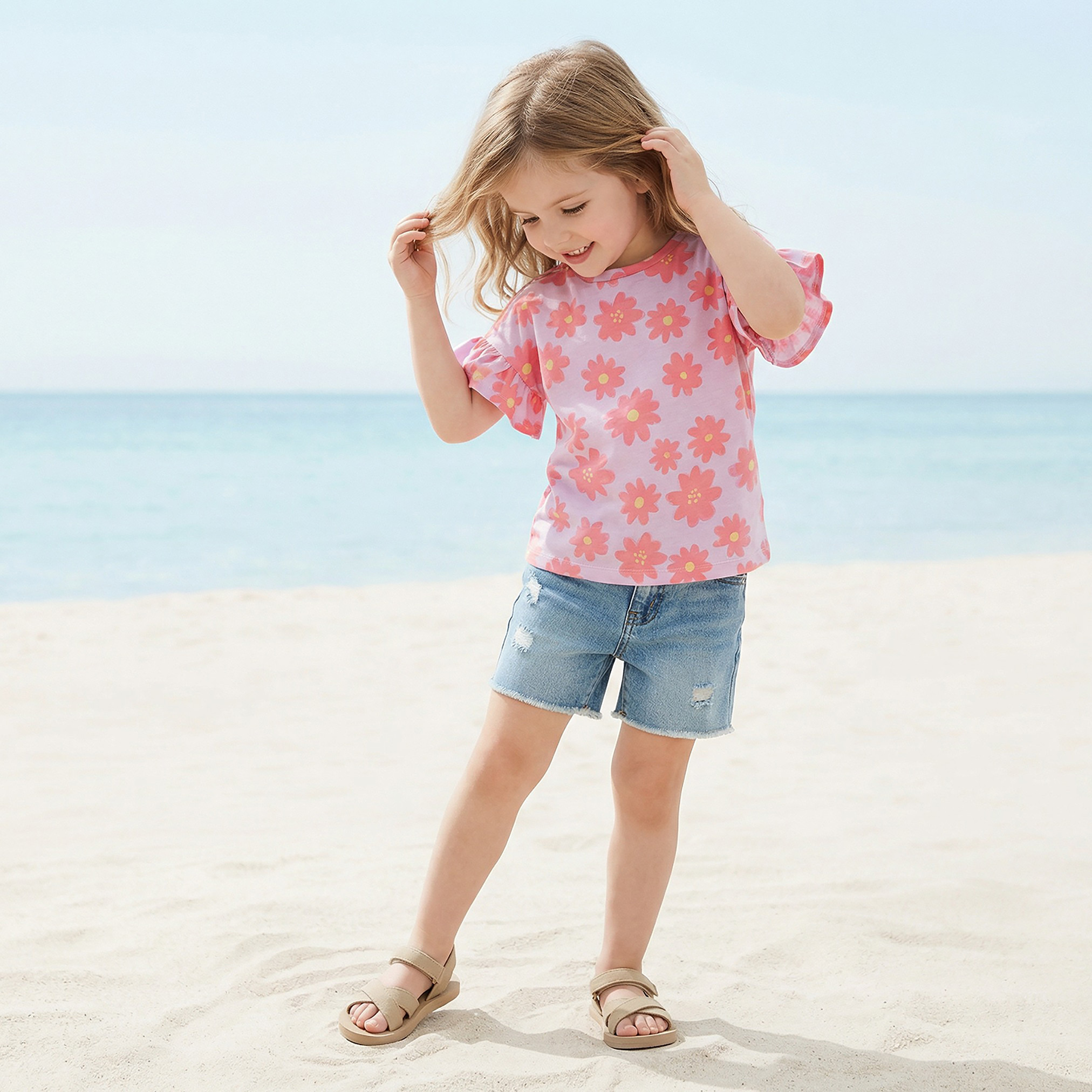 Juniors Crew Neck Short Ruffle Sleeves T-shirt with Floral Print-girls-clothing-tshirts-image-1