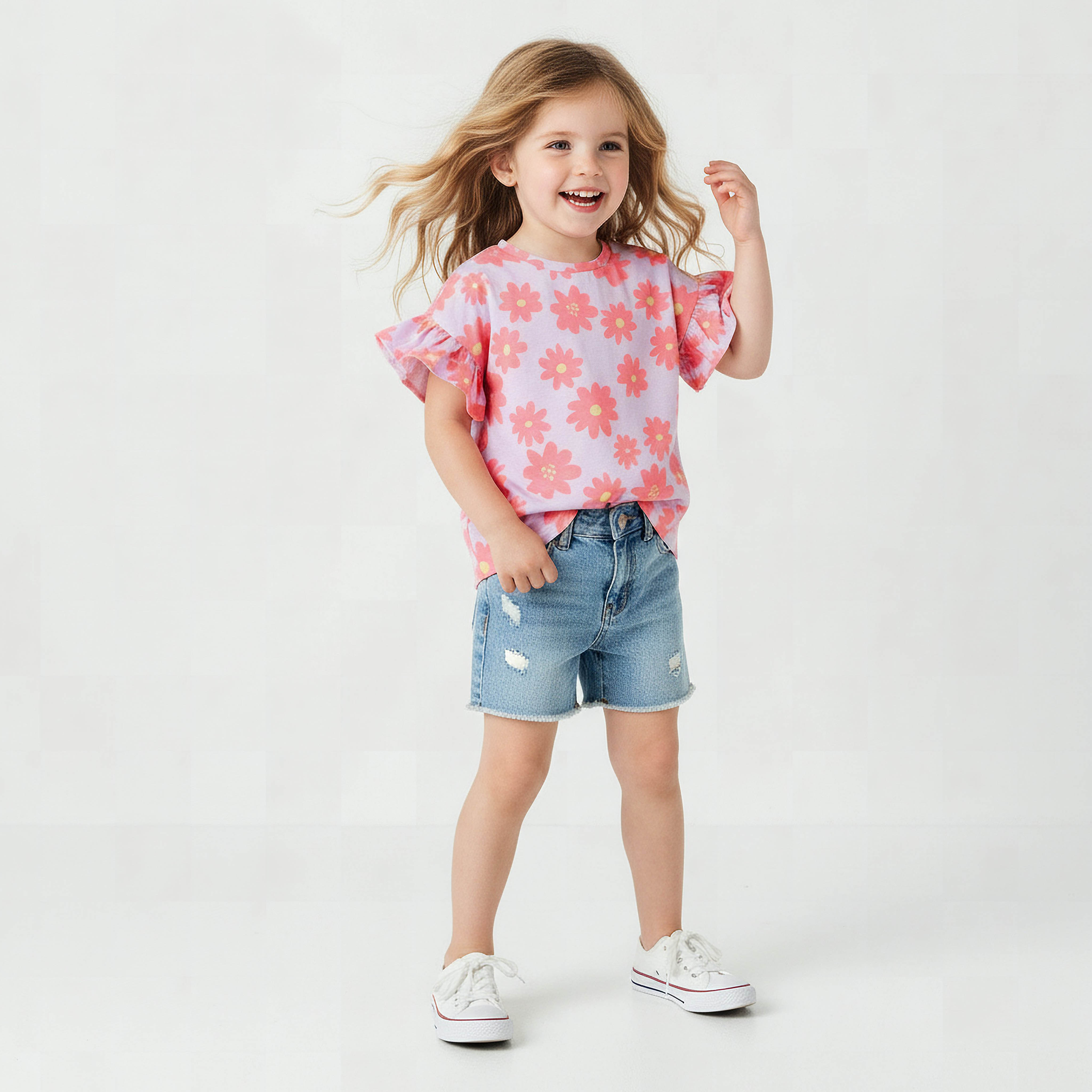 Juniors Crew Neck Short Ruffle Sleeves T-shirt with Floral Print-girls-clothing-tshirts-image-2