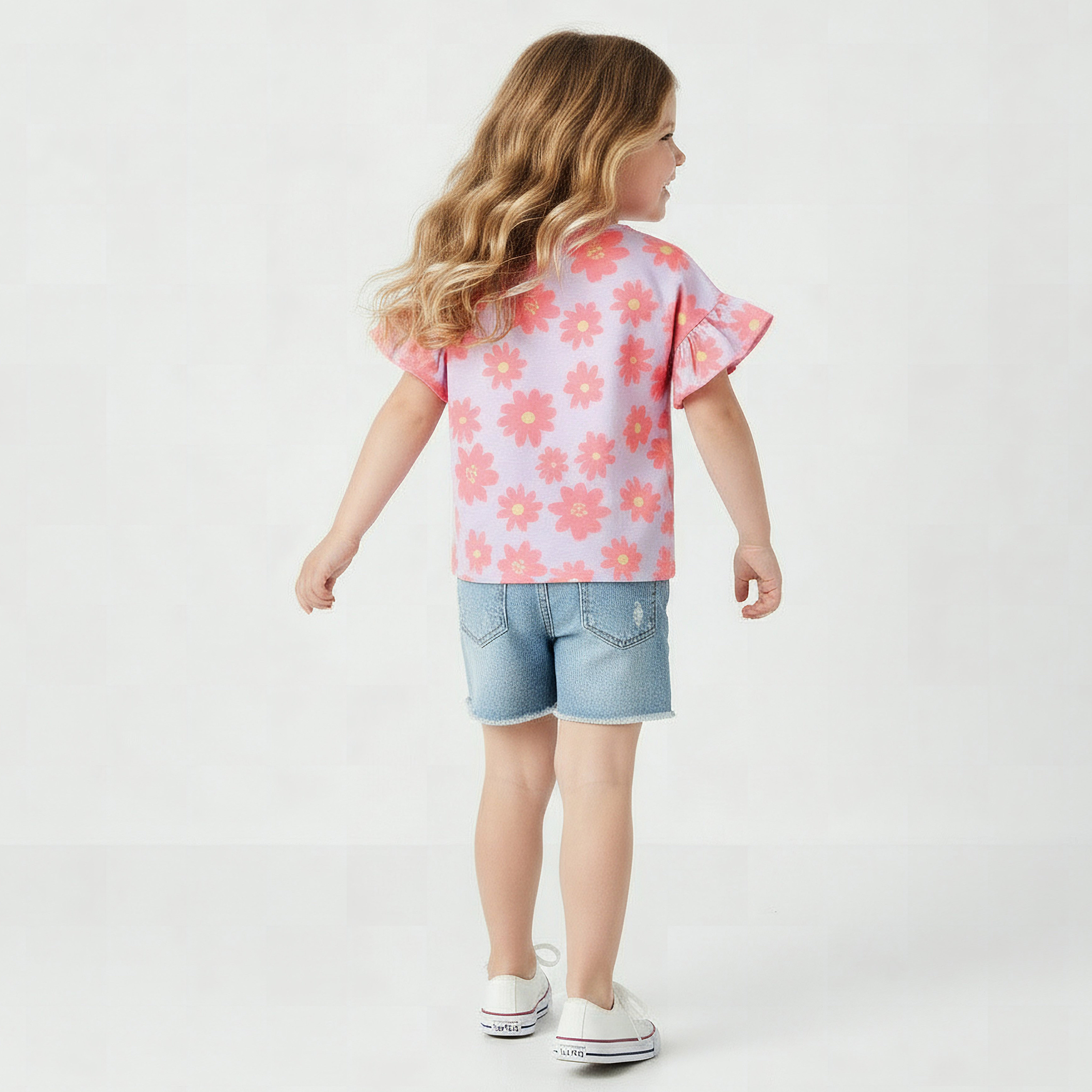 Juniors Crew Neck Short Ruffle Sleeves T-shirt with Floral Print-girls-clothing-tshirts-image-3