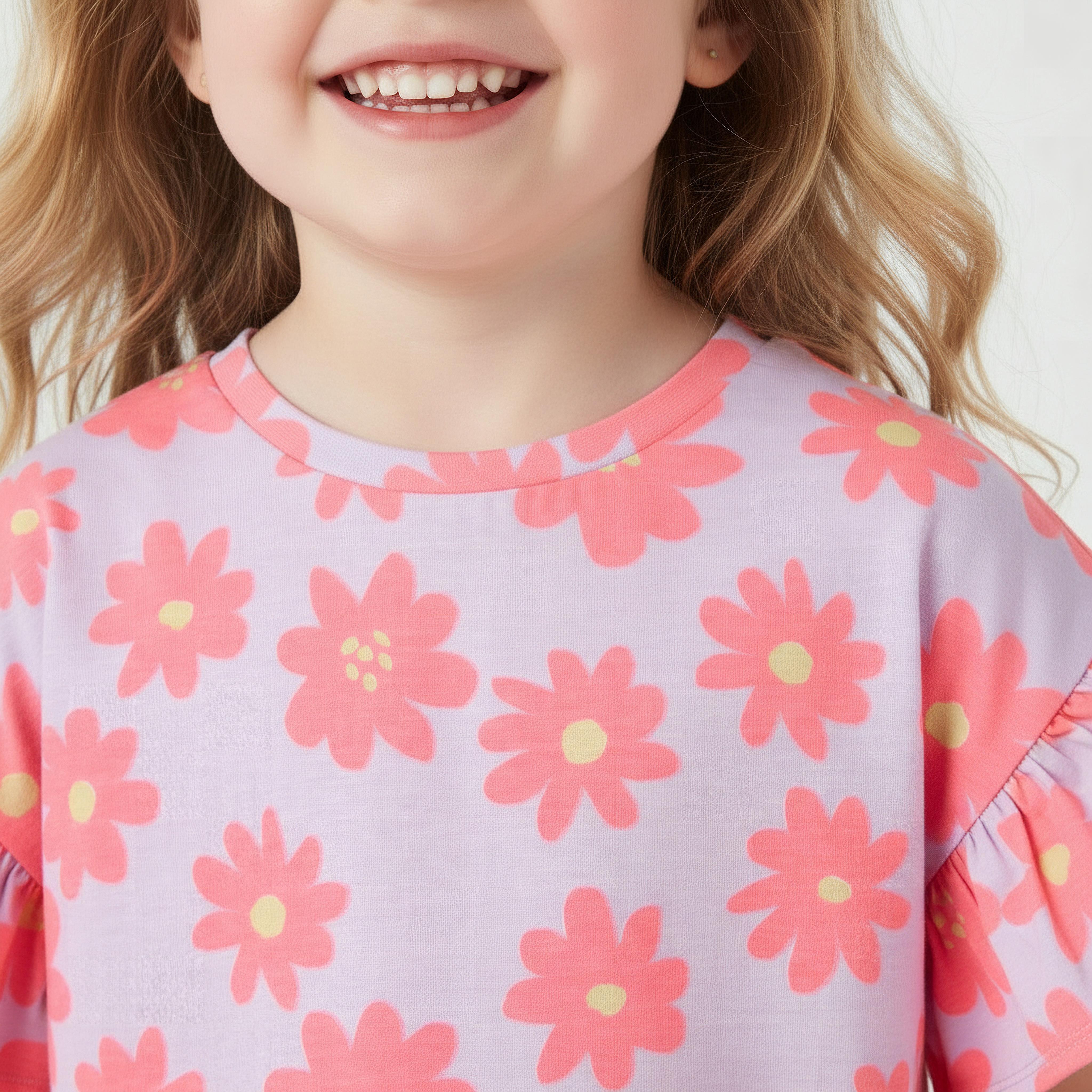 Juniors Crew Neck Short Ruffle Sleeves T-shirt with Floral Print-girls-clothing-tshirts-image-4