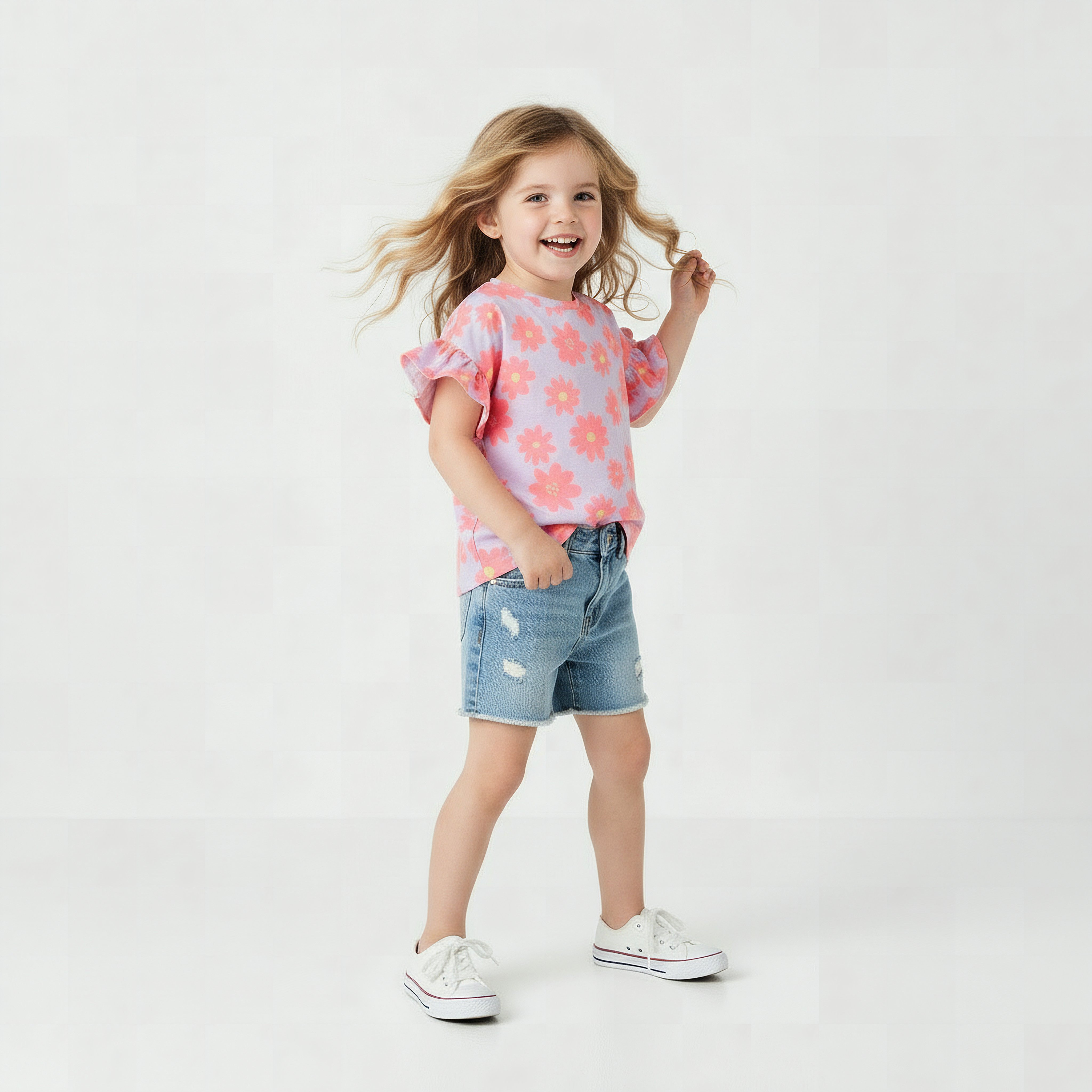 Juniors Crew Neck Short Ruffle Sleeves T-shirt with Floral Print-girls-clothing-tshirts-image-5
