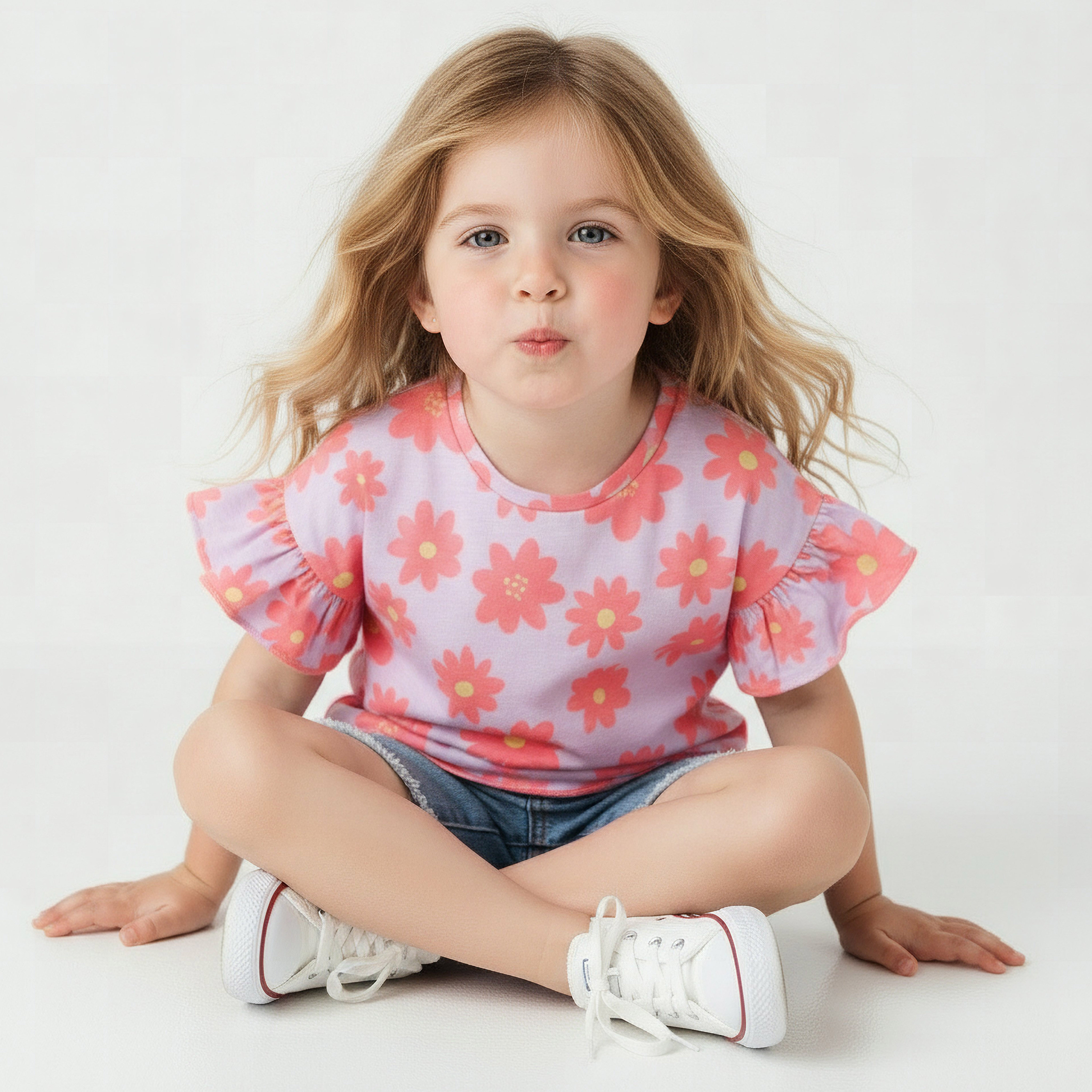 Juniors Crew Neck Short Ruffle Sleeves T-shirt with Floral Print-girls-clothing-tshirts-image-6