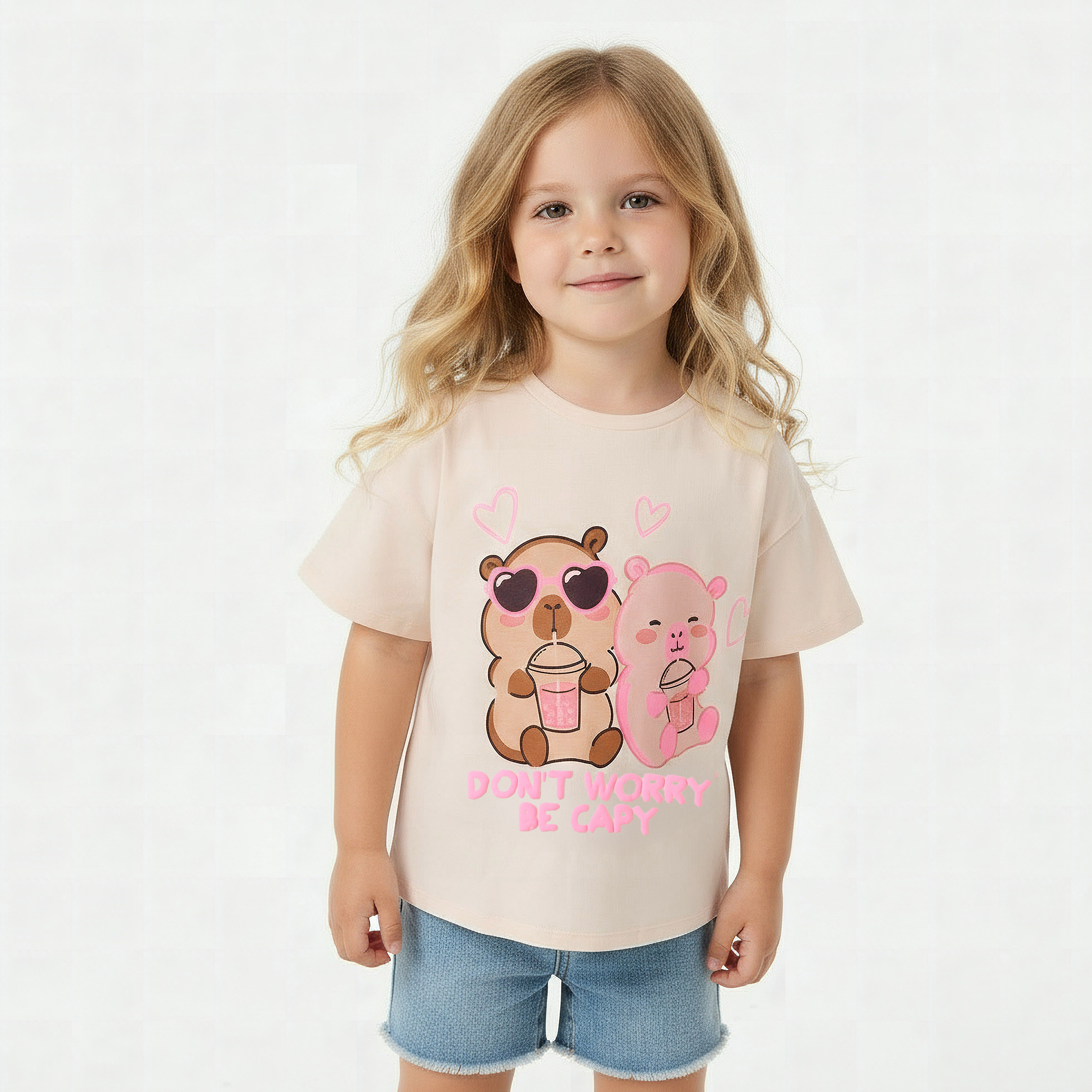 Juniors Round Neck Short Sleeves T-shirt with Bear Print-girls-clothing-tshirts-image-1