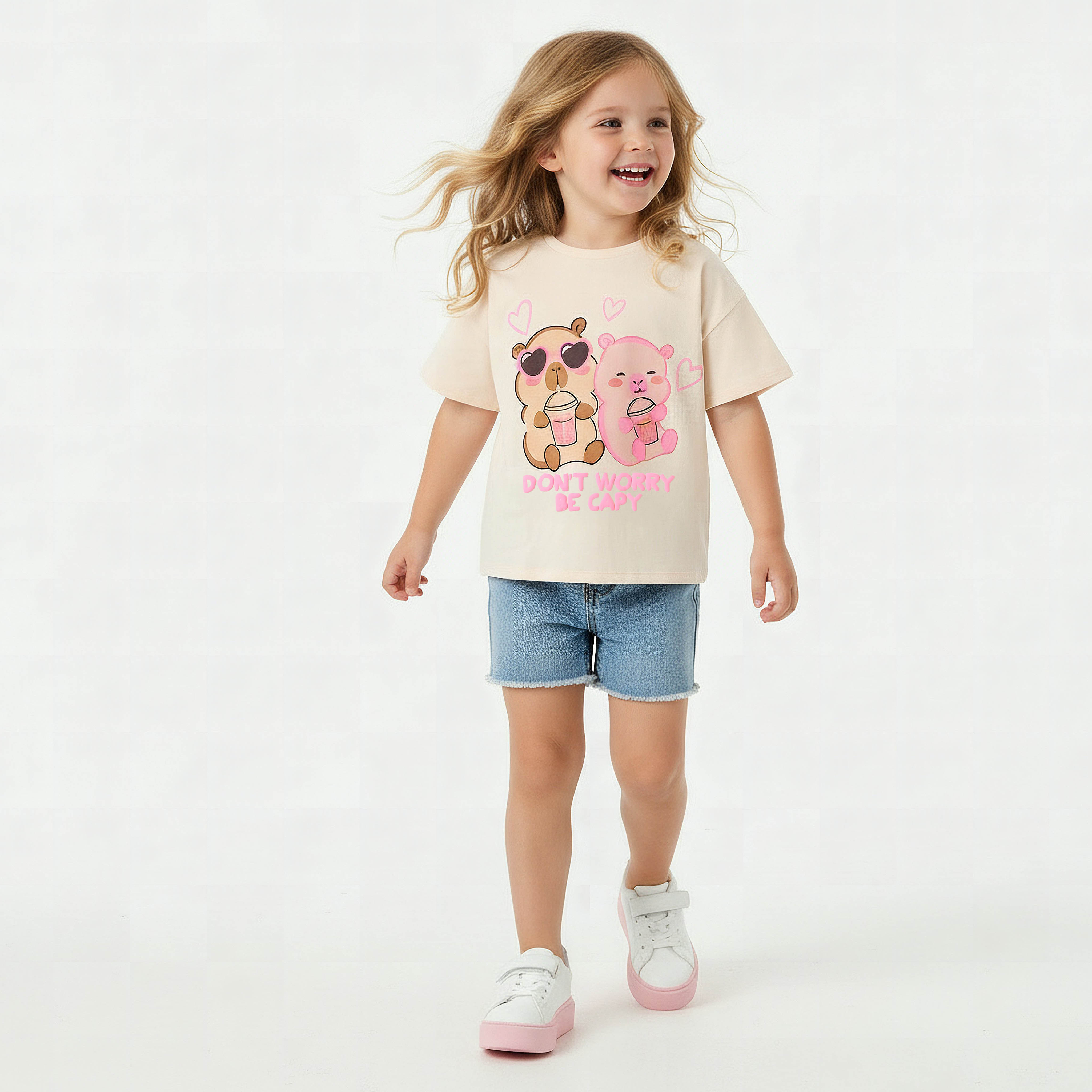 Juniors Round Neck Short Sleeves T-shirt with Bear Print-girls-clothing-tshirts-image-2