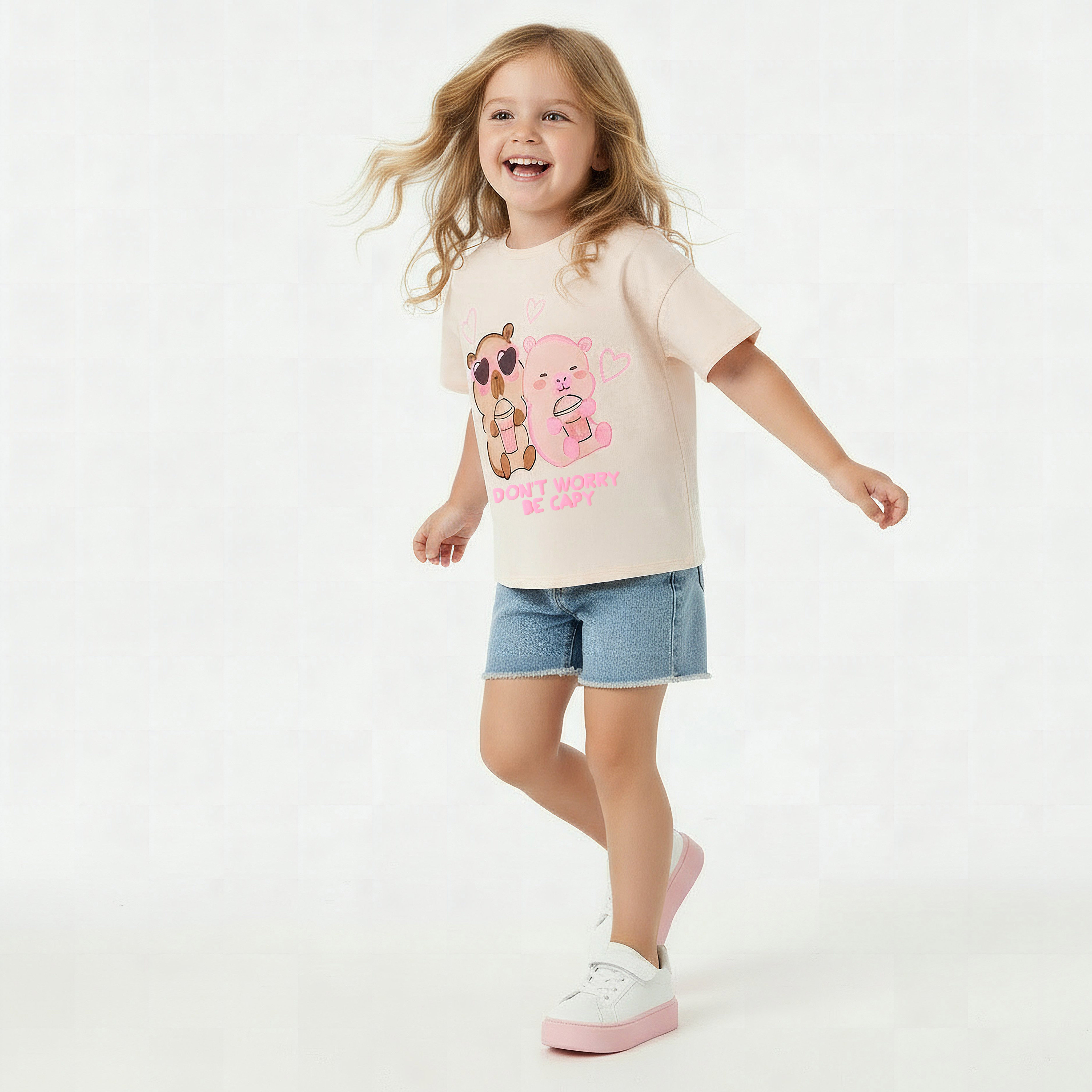 Juniors Round Neck Short Sleeves T-shirt with Bear Print-girls-clothing-tshirts-image-3